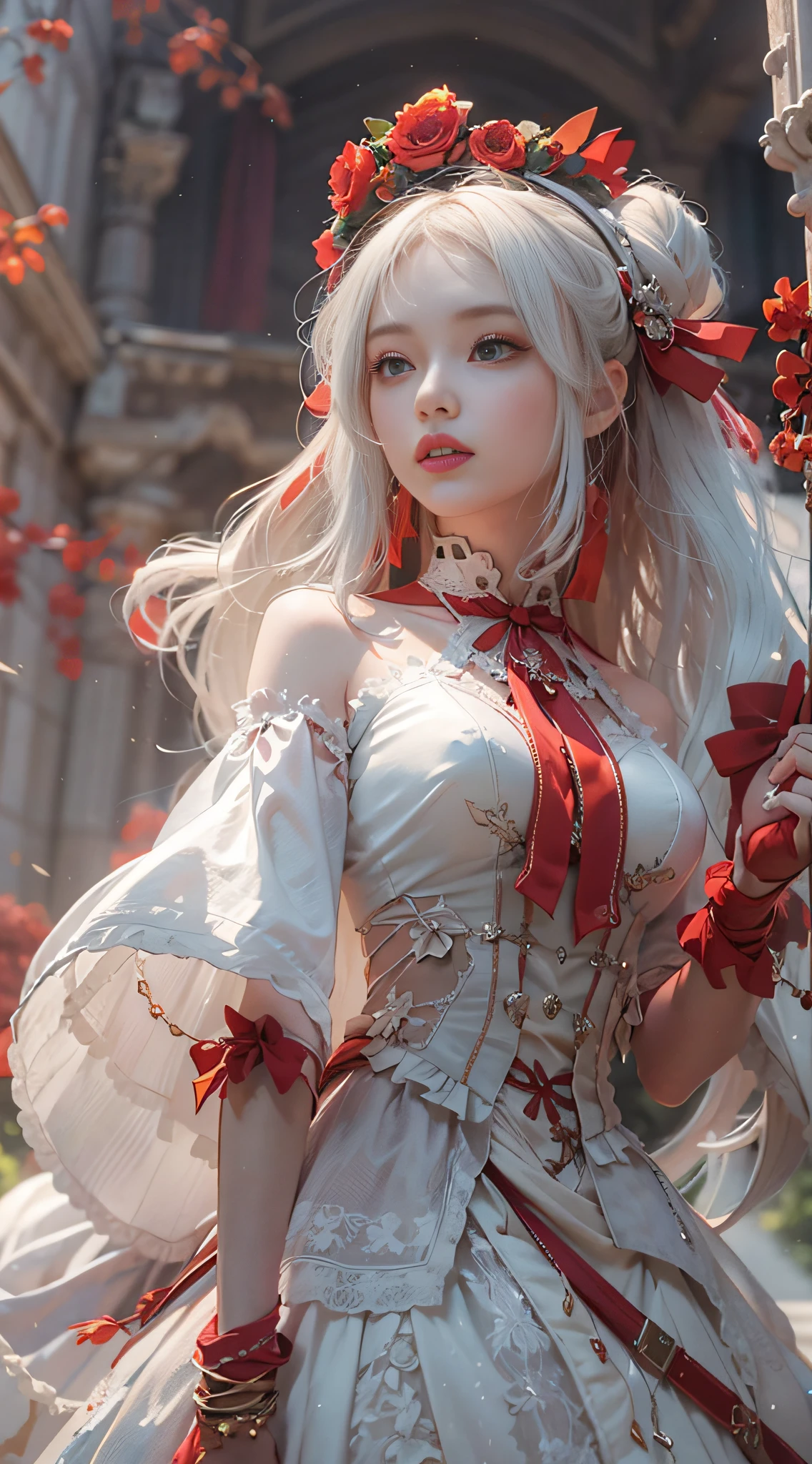 (best qualtiy,4K,8K,hight resolution,​masterpiece:1.2),ultra-detailliert,(realist,Photorealista,Photorealista:1.37),sportrait,scienc,Stylish image of woman in white and red Lolita dress, guweiz, High Quality 8K Detail Art, Gwise-inspired artwork, trend in cgstation, Gwaites at Art Station Pixiv, Gweiz at pixiv Art Station, Gwise's masterpiece, anime goddess, 2. 5 d cgi anime fantasy artwork