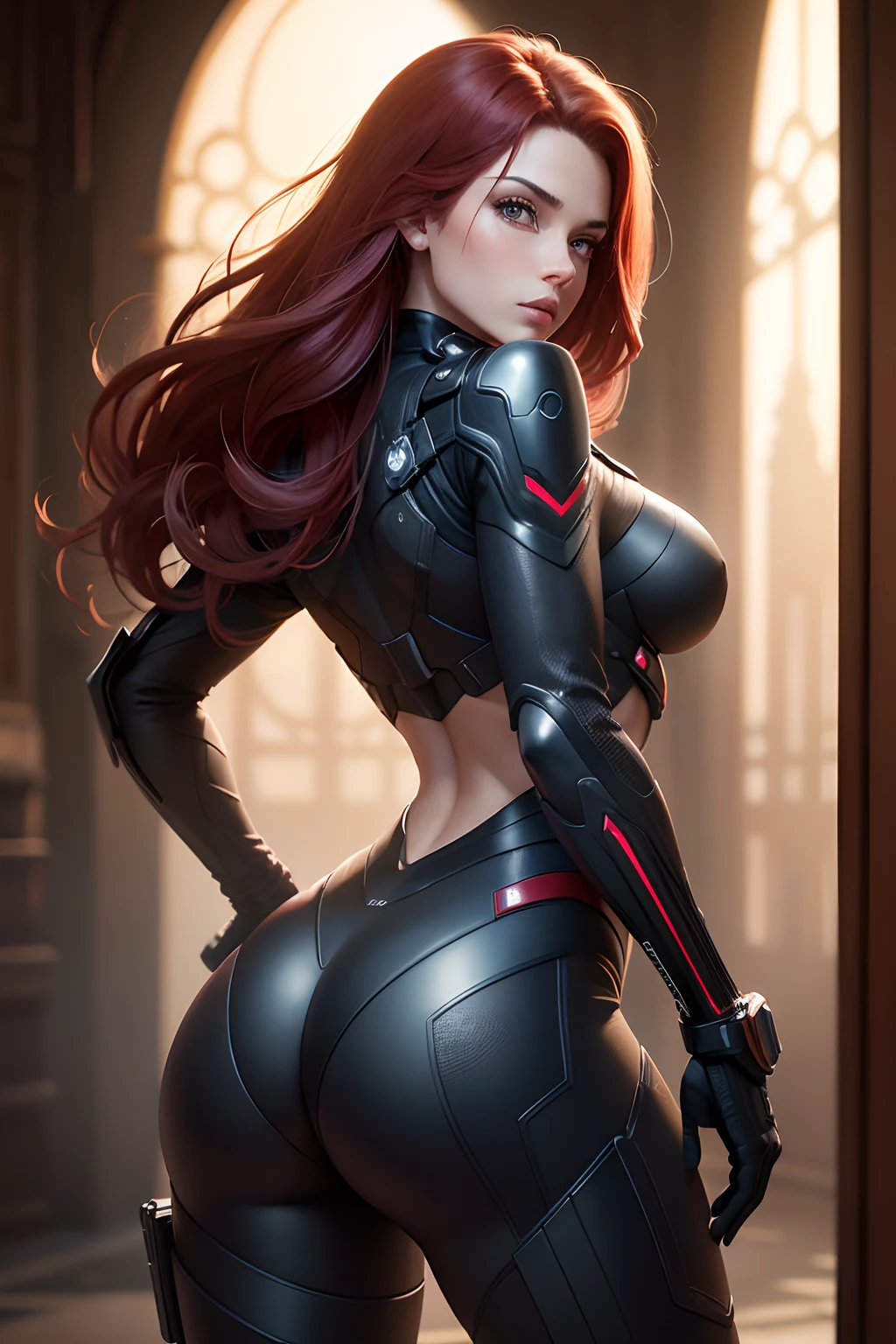 1girl, corpo inteiro:1.1, Natasha Romanoff Black Widow style (Do Universo Marvel)fantasia, medium breasts, on an alien planet, (master part, melhor qualidade, textura detalhada da pele, textura de pano detalhada, rosto bonito e detalhado, detalhes intrincados, Ultra Detalhado), cabelos curtos e ondulados ruivos, corpo inteiro, sorrir, randome pose, ((Looking back)), de cima, Canto superior, (melhor qualidade, A high resolution, fotorrealista, primitivo, 8k,master part, ),melhor qualidade, masterpiec8K.HDR. Costelas altas:1.2, filmgrain, Desfoque Bokeh:1.2, Reflexo da lente, (cores vivas:1.2), (delicado),
