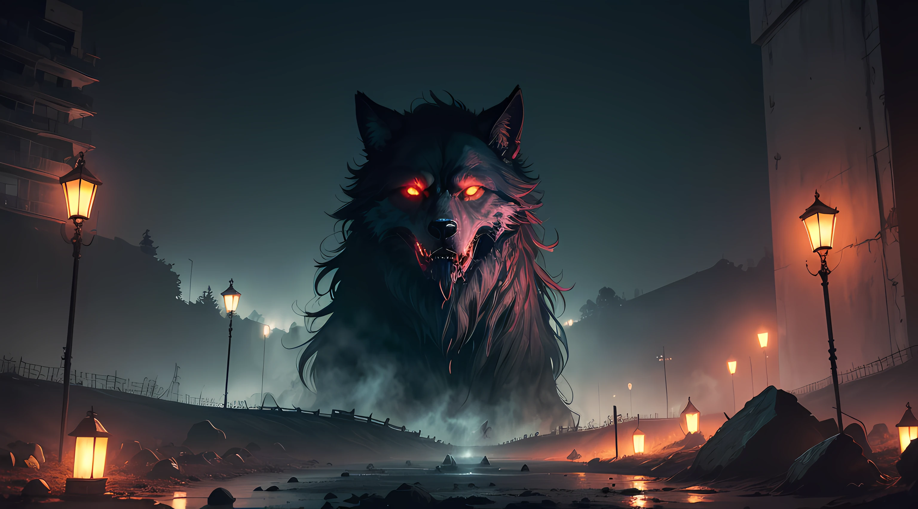 (paisaje nocturno), horror, embrujado, corpses, skulls, Imagen que representa el infierno, necronomicon, Pintura de estilo de imagen, realista, Sombras, Disco duro, alta calidad, Cinematic wolves with glowing eyes