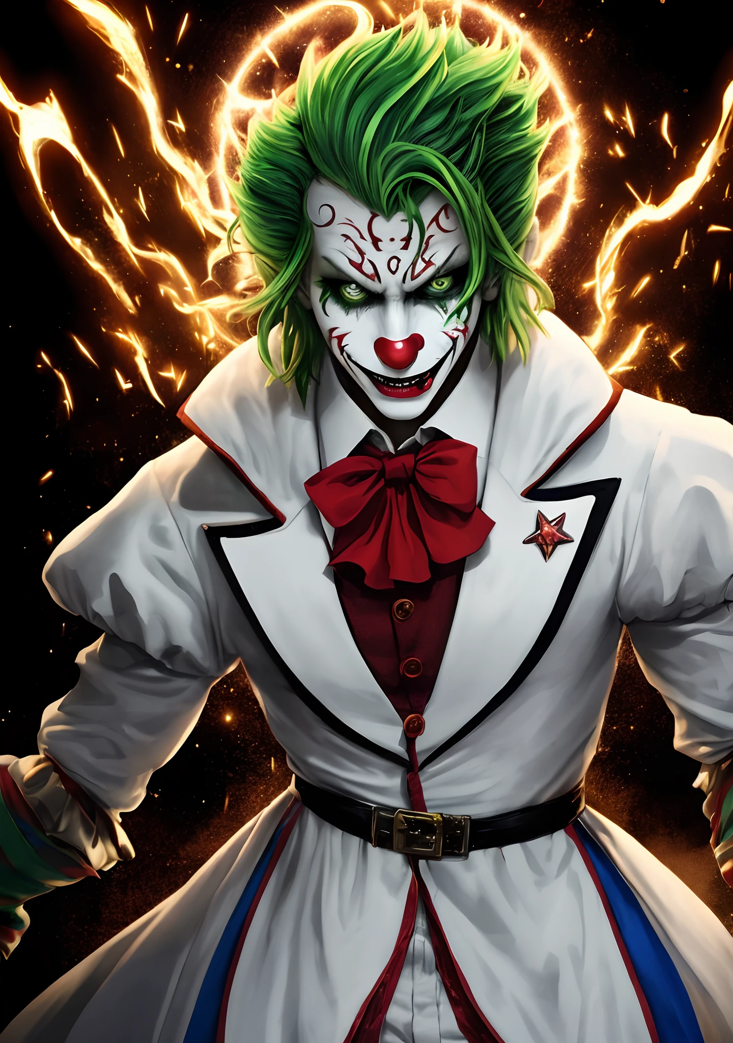 In this image, Kefka Palazzo is depicted in his characteristic clown appearance. His green hair is loose and gives the impression of strangeness. Kefka's green skin and sinister smiles give him a crazy and gloomy look. He wears a suit in bright colors, reminiscent of a circus performer or clown, with a lot of flounces, stars and multi-colored accents.

His expression is full of emotion, including madness, cunning and malice. There is a spark of madness in his eyes, And his posture resembles lively cruelty.

The background in the image could be something related to rising lights or haze, to display the character of the character and create an atmosphere of mysticism and danger.