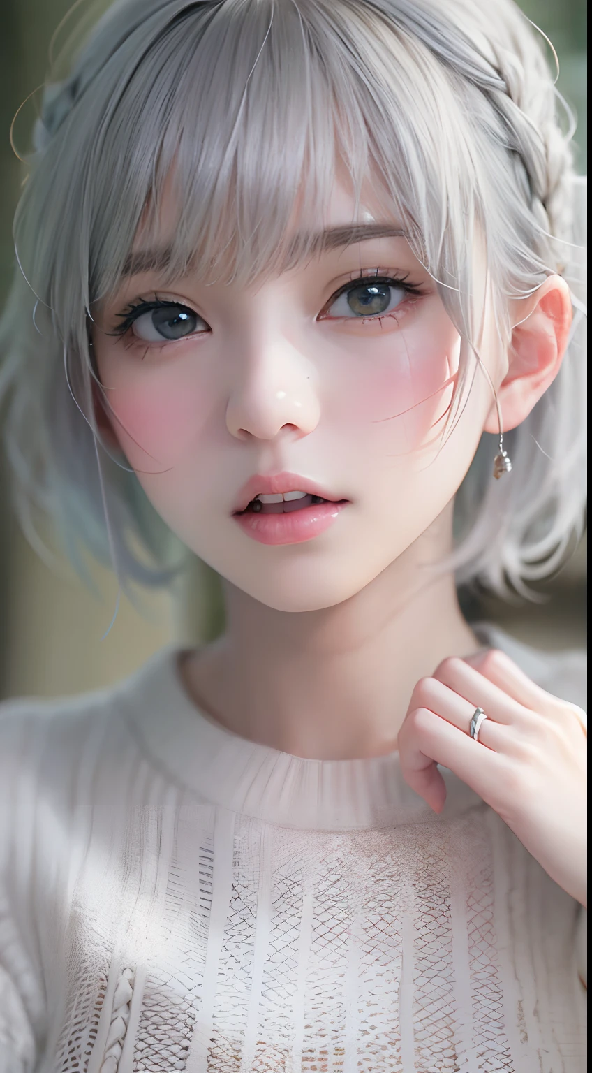 (top-quality, 8K, 32K, ​masterpiece, nffsw:1.2), Cute Japan Female Pictures, 1 rapariga,(Tall lady), (abdominals), (Moist lips),Black lace、neck lace、 Lightly opened mouth, (Medium short golden hair), 二重まぶた, wetted skin, T back, Realistic rays, Gray tones、White Bob Cut、Silver hair、Mesh、knit、
