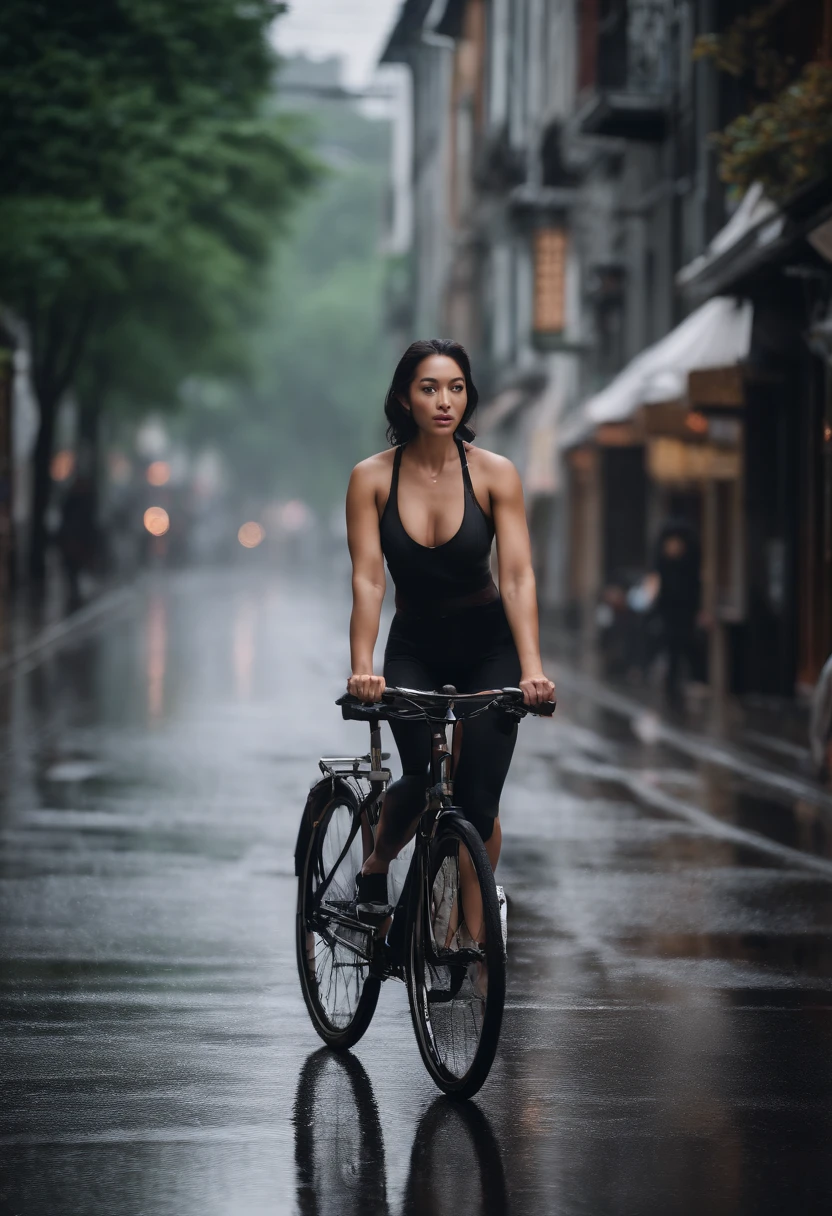 Mature woman in Japan of a beautiful witch in black sports bra walking on a wet street, gothic city streets behind her、Retro bicycle placed on the wall, rainy streets in the background, standing in a city street, made with photoshop, In the city, edited in photoshop, forest city streets behind her, Cute  girl standing in the rain, posing in an urban street, On a rainy day, in city street、In a sports bra、Thin macho with split abs、Cute、glamor