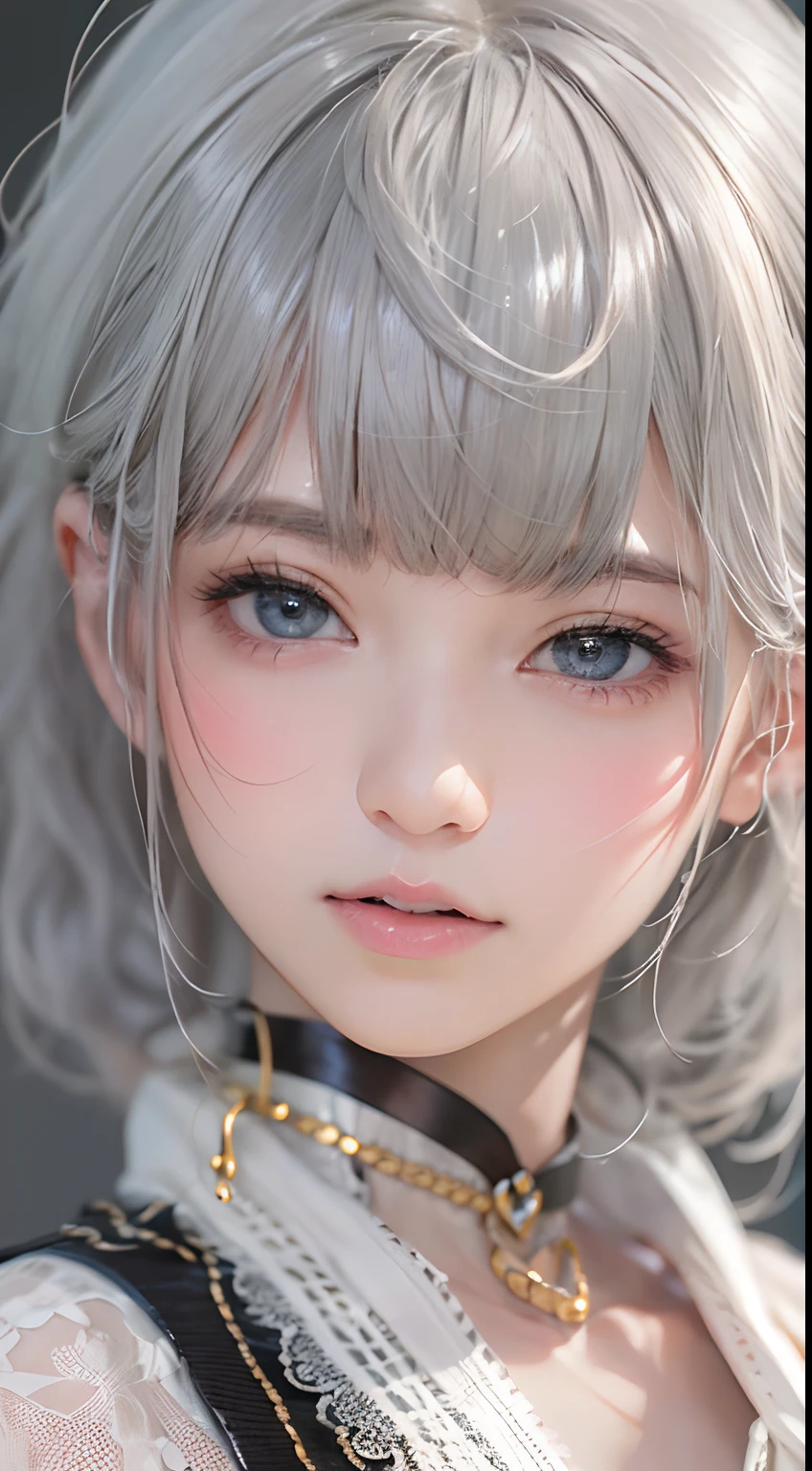 (top-quality, 8K, 32K, ​masterpiece, nffsw:1.2), Cute Japan Female Pictures, 1 rapariga,(Tall lady), (abdominals), (Moist lips),Black lace、neck lace、 Lightly opened mouth, (Medium short golden hair), 二重まぶた, wetted skin, T back, Realistic rays, Gray tones、White Bob Cut、Silver hair、Mesh、knit、