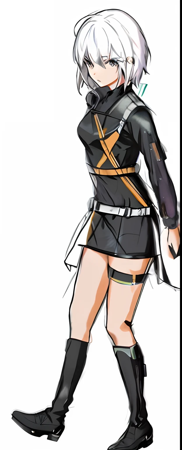 A painting of a woman dressed in black and boots, Female protagonist , clear outfit design, female anime character, leeloo outfit, full body concept, Anime figure; Full-body art, ( ( concept art of character ) ), clothing design, anime full body illustration,, Style anime,Changed to façade standing painting,White color hair,frontage,full bodyesbian