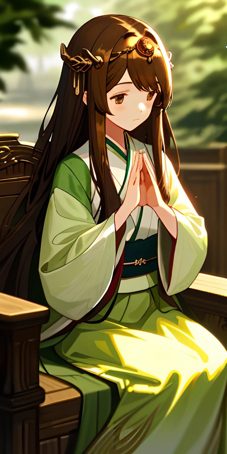 (tmasterpiece,best qualtiy),Long brown hair with antique hair ornaments,The girl sitting,She clasped her hands together in front of her chest,warmly lit,White with light green hanfu,Blurred foreground