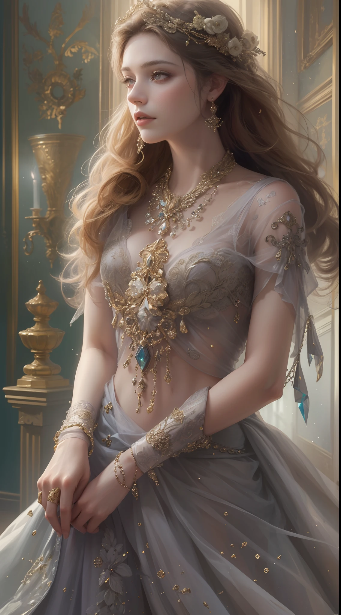 (masterpiece, ultra quality, high resolution, 8k, intricate: 1.2) photorealistic Epic romantic fantasy book cover, in center HALF-BODY COUPLE. spring romantic fantasy in center beautiful long half-body LONG WHITEhair man, ultradetailed beautiful faces, and beautiful lady in bright color french gown, proportional, tender, shimmering, ultradetailed beautiful faces, day BoKEH, fairytale magic, mysterious, light spring colorscheme, (Best quality,8K,A high resolution,Masterpiece:1.2),Ultra-detailed,(Realistic,Photorealistic,photo-realistic:1.37),Portrait,Creative style artwork,Historical,classical,Sophisticated,plethora of colors,Highly detailed,Soft lighting,luxurious environment,detailed gown,Vibrant flowers,detailed jewellery,Ethereal atmosphere,Elegant Pose,Graceful curves,Gold body proportions，Flowing hair,Breathtaking textile patterns,Harsh purple eyes,Delicate floral decoration,A dazzling array of crystal accessories,Mysterious and dreamy atmosphere,Impeccable attention to detail.
 sultry look, seductive,
