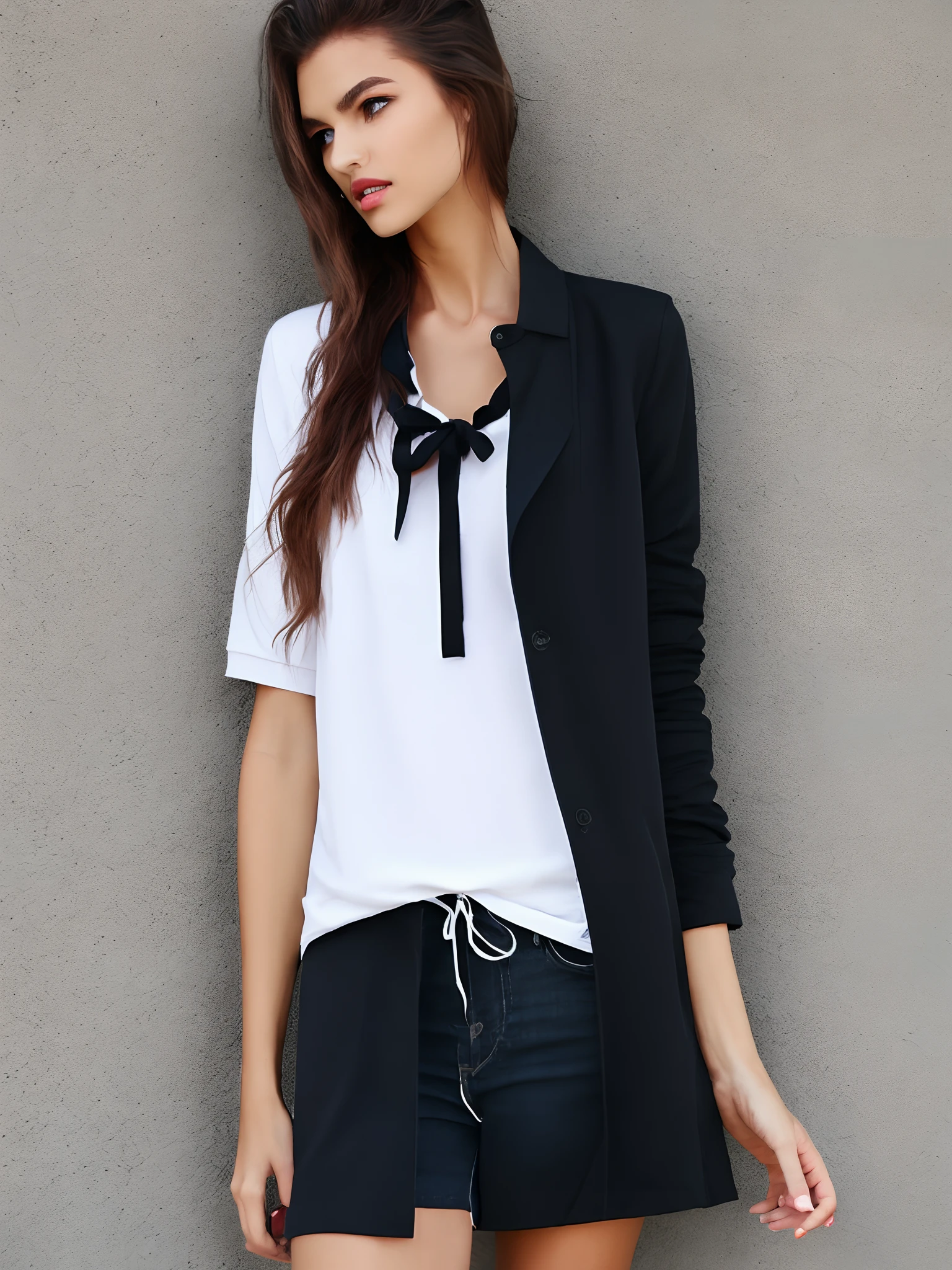 White polo shirt, black long coat, black hair, blue eyes, medium messy hair, female, black short, blue neck tie,