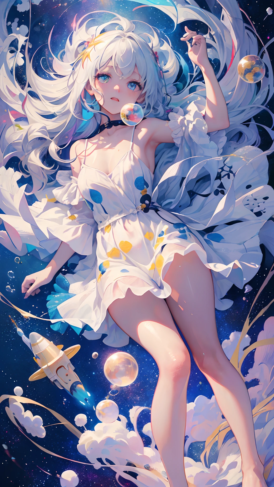(masterpiece, best quality:1.2), (ultra detailed),(illustration), wallpaper, original,
1girl, messy white hair, spaghetti strap, white dress, bare legs, bare feet, bare arms, space, Earth background, near-earth orbit, full body,
,(surrounded by colorful splashes and dot),colorful bubble,(shining)