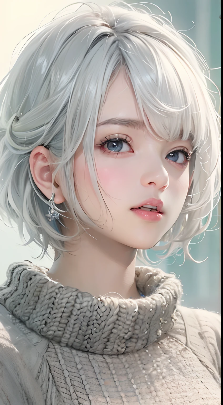 (top-quality, 8K, 32K, masterpiece, nffsw:1.2), Cute Japan Female Pictures, 1 rapariga,(Tall lady), (abdominals), (Moist lips),Black lace、neck lace、 Lightly opened mouth, (Medium short golden hair), 二重まぶた, wetted skin, T back, Realistic rays, Gray tones、White Bob Cut、Silver hair、Mesh、knit、