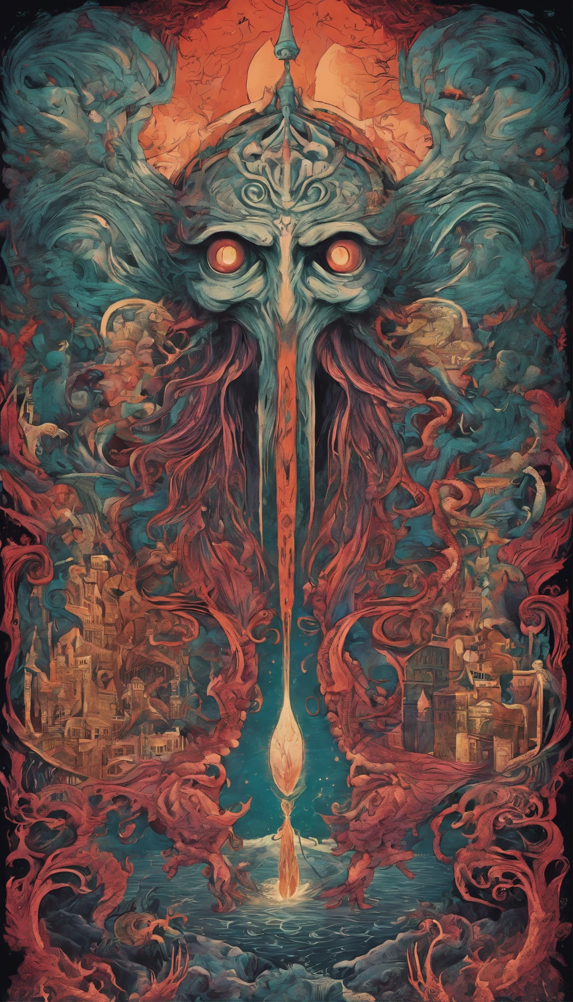 From the depths he emerges, devil, 
The Cthulhu's Parade in crimson hues.
Whispers of the otherworldly echo,
A festival where madness and beauty fuse.

In the night sky adorned with abyssal splendor,
Feathers stained with blood dance and soar.
Entwined by threads of fate,
The deranged revel in ecstasy's roar.

Oh mighty Cthulhu, ruler of the depths,
In our pursuit of desires so forlorn,
We embark on a path of madness and despair,
Guided by the disciples of the one we adorn.

On the grand boulevard, grotesque forms stride,
Where terror and beauty intertwine.
In the realm betwixt dreams and nightmares,
We surrender ourselves to euphoria's shrine.

Praise his name, the great Cthulhu,
Monarch of the abyss, the wellspring of our insanity.
In this eternal procession's stage,
We celebrate the coming of the world's calamity.
