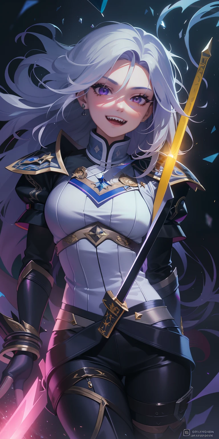 masterpiece, best quality, ultra-detailed, best shadow), (detailed background,dark fantasy), (beautiful detailed face), high contrast, (best illumination, an extremely delicate and beautiful), ((cinematic light)), colorful, hyper detail, dramatic light, intricate details, (1girl, solo,white hair, sharp face,purple eyes, hair between eyes,dynamic angle), swirling black light around the character, depth of field,black light particles,(broken glass), superhero , full body, holding magical sword, woman, happy, smile, look in front, tall, wearing boots, attractive, detailed clothing, woman, adult, sexy, sharp teeth, smiling,