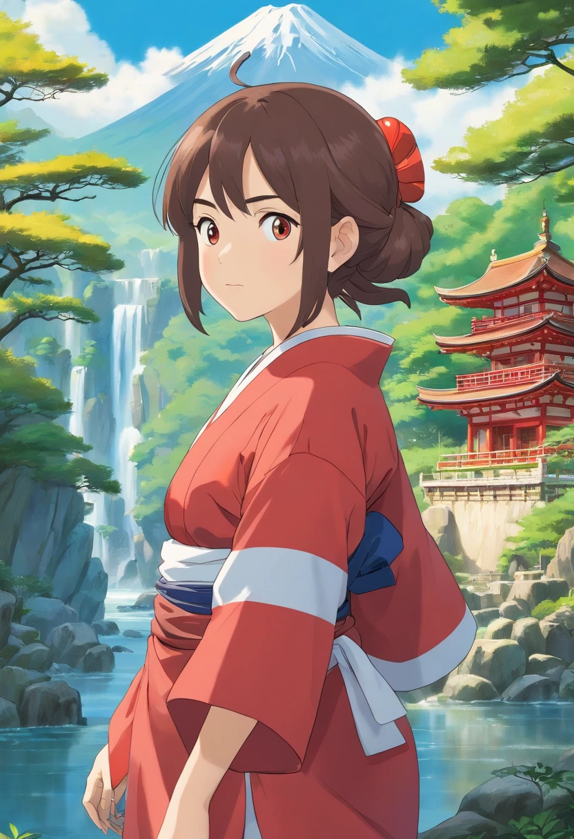 Su ojo izquierdo es de cristal. Asian girl, Cabello largo, Front view, cuerpo completo, Set against the backdrop of a Japanese temple, with trees, rivers, A beautiful sunny day. The girl will wear a red kimono, Tiene una cicatriz en el ojo izquierdo.
