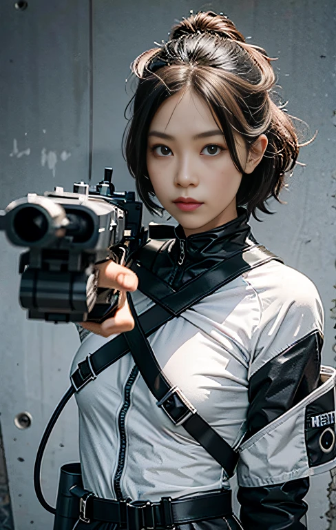 Highest image quality, outstanding details, ultra-high resolution, (realism: 1.4), ((close up:0.75)), highly condensed 1 lady, with beautiful and a delicate face, perfect proportion, aiming the viewer, ((aiming the viewer)), (chubby:0.3, small breasts), (cloths color base ratio black:0.4 white:0.5 other-color:0.1), (wearing rash-guard likes police uniform, wearing futuristic-full-face-mask, military harness, holding hich-tech-flamethrower-tank on back), background simple grey wall,