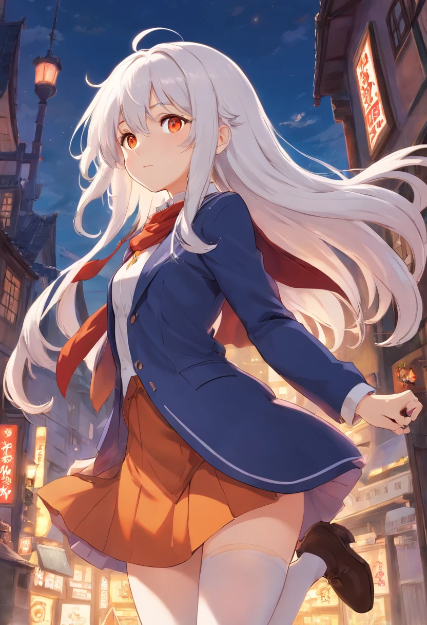 1girl in, masutepiece, Best Quality, hightquality, Olga_Marie, white_hair, orange_Eyes, Long hair, hair between eye, Long sleeves, Jacket, Red Ascot, Dress, Skirt, pantyhose, Very long hair, Cowboy Shot,