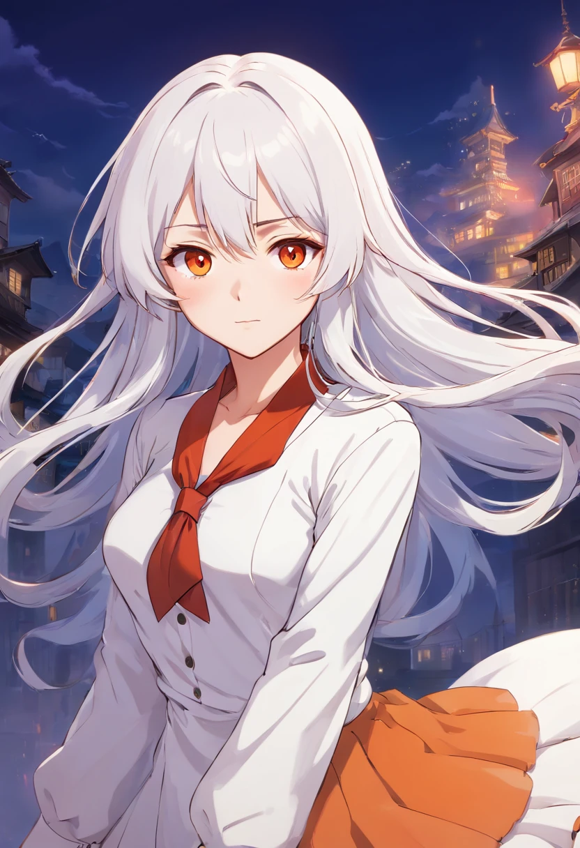 1girl in, masutepiece, Best Quality, hightquality, Olga_Marie, white_hair, orange_Eyes, Long hair, hair between eye, Long sleeves, Jacket, Red Ascot, Dress, Skirt, pantyhose, Very long hair, Cowboy Shot,