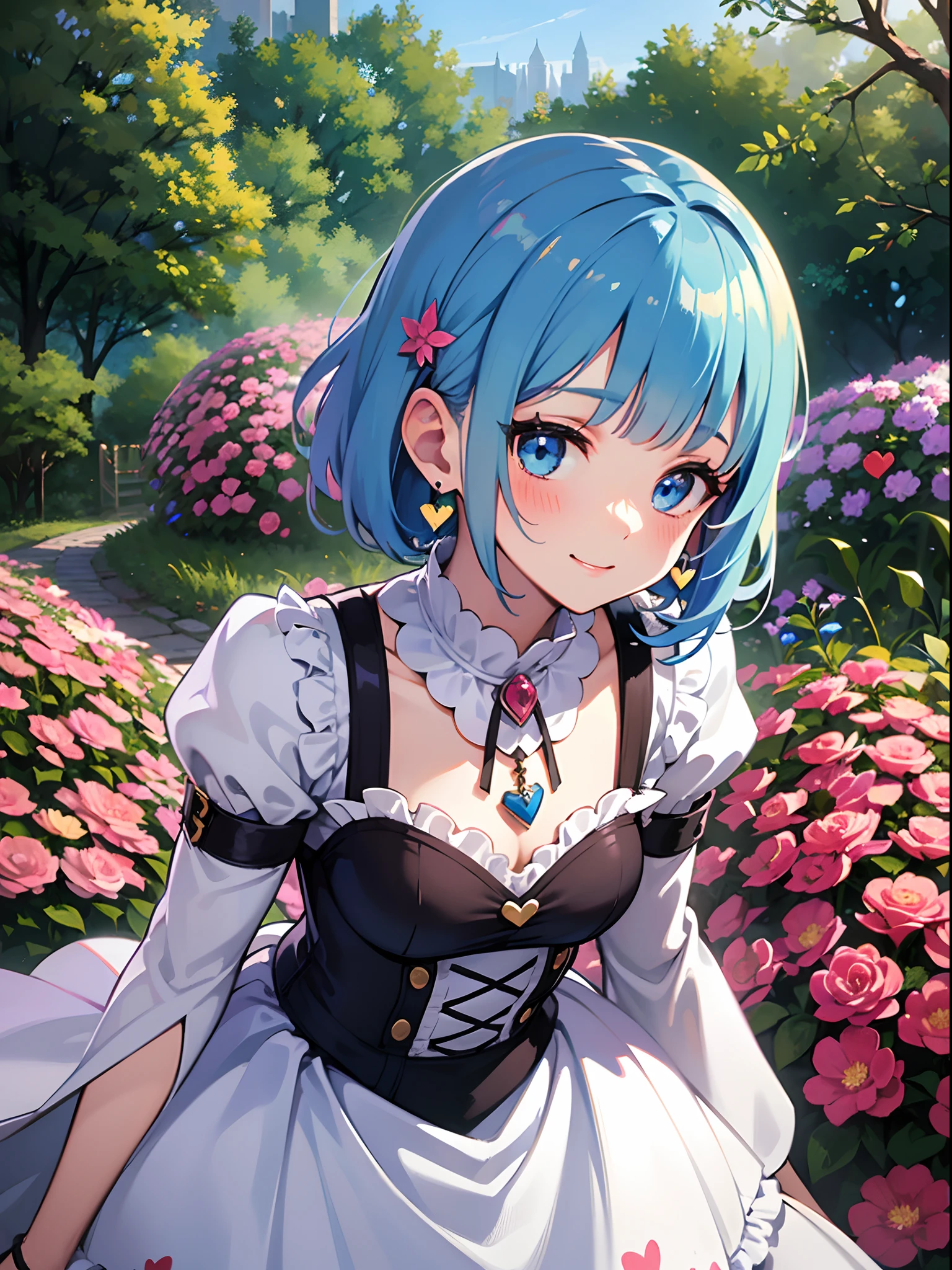 (masterpiece:1.3), (best quality:1.3), high resolution, 


couboy shot, 
leaning forward, body facing forward, 

(one cute girl:1.3), solo, 
white skin, small Breast, eight-headed person, 
light blue hair, (bobbed hair:1.2), (short hair:1.1), (blunt bangs:1.2), beautiful hair, blue eyes, beautiful detailed eyes, 

open mouth, heart, cheerful smile, 

short dress, blue check skirt, miniskirt, earrings, 

flower garden, (white background:1.2), 

shadowlighting,