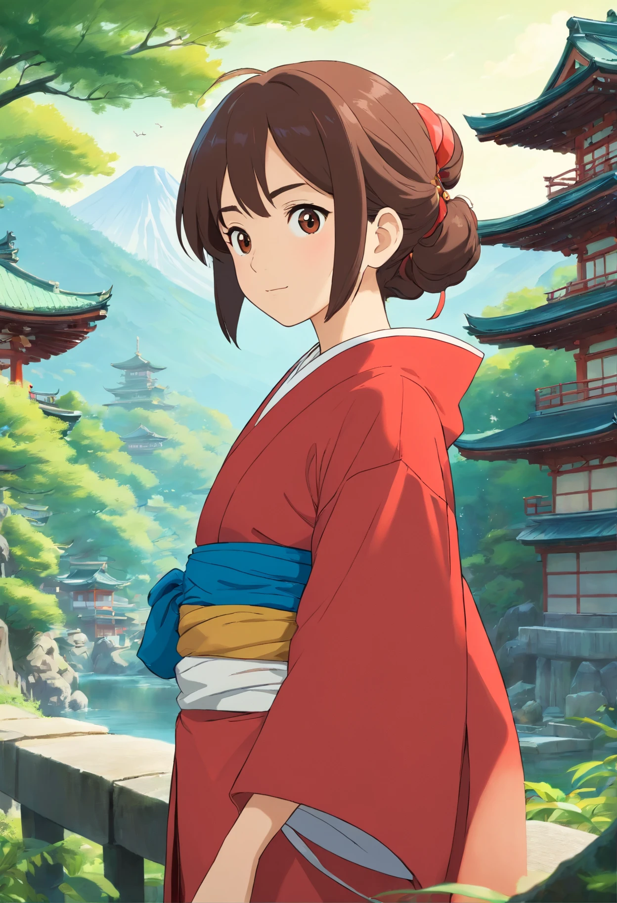 Su ojo izquierdo es de cristal. Asian girl, Cabello largo, Front view, cuerpo completo, Set against the backdrop of a Japanese temple, with trees, rivers, A beautiful sunny day. The girl will wear a red kimono, Tiene una cicatriz en el ojo izquierdo.
