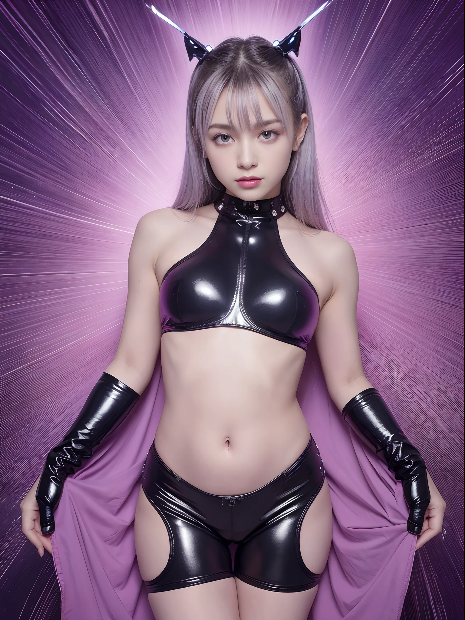 8K、(masuter piece，top Quority，best qualtiy，Beauty and aesthetics：1.2)、(1girll:1.3)、full body Esbian、(((colorful lighting)))、(((((Perfectly accurate human body)))))、(((Gaze staring at the photographer)))、((Russian beauty at 15 years old))、(Detailed futuristic cool hair)、(bright silver hair with a silky delicate sheen,,,,,,,,)，(((8 Head Body)))、(((((very thin abdomen)))))、(((Detailed cute beautiful face)))、(((Detailed drooping eyes)))、(((undersized head)))、(((a small face)))、Detailed bright eyes、(((a baby face)))、Detailed skin、thin arm、(((very Bigger breasts)))、(((((Very big hips)))))、(((Very deep background)))、Futuristic art、(Fractal Art:1.2)、(Farbe：1.1)、(florals:1.3)、(Zentangle:1.2), full body Esbian, (Abstract background:1.3), Shiny skin, (Many colors:1.4), (factor:1.5),(Raw photo:1.2)，Pink Purple Latex Jumpsuit、((Futuristic accessories))，Hollow-On，latex shiny,(tight fitted)，Wearing a very tight suit, chrome bodysuit, (((cyberpunked))), (colorful neon), Very shiny pink-purple latex suit、kosmos、intergalactic、seductiv、metalic、butterflys、Fantastical、lovemaking、Sleeveless、Precise hands, Precise fingertips、Precise nails、Very delicate eyelashes、Very delicate eyebrows、Precision fasteners、High Precision Machine