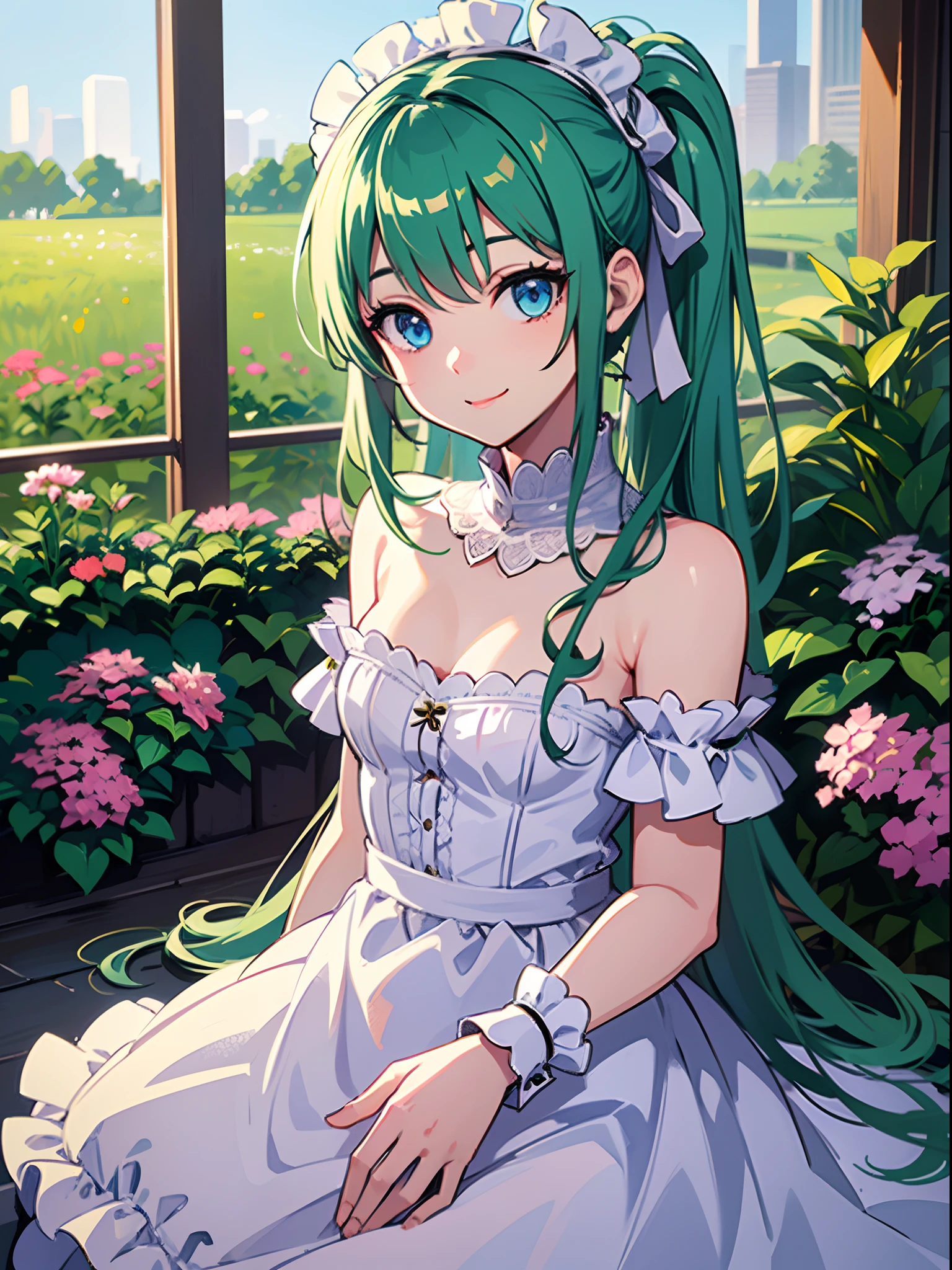 (little girl: 1.5), lace, ribbon, maid outfit, (masterpiece, sidelight, fine beautiful blue eyes: 1.2), masterpiece, realistic, glowing eyes, shiny hair, blue-green hair, long double ponytail, shiny skin, solo, awkward, strapless, delicate, beautiful, garden, flower, flying petals, bright smile
