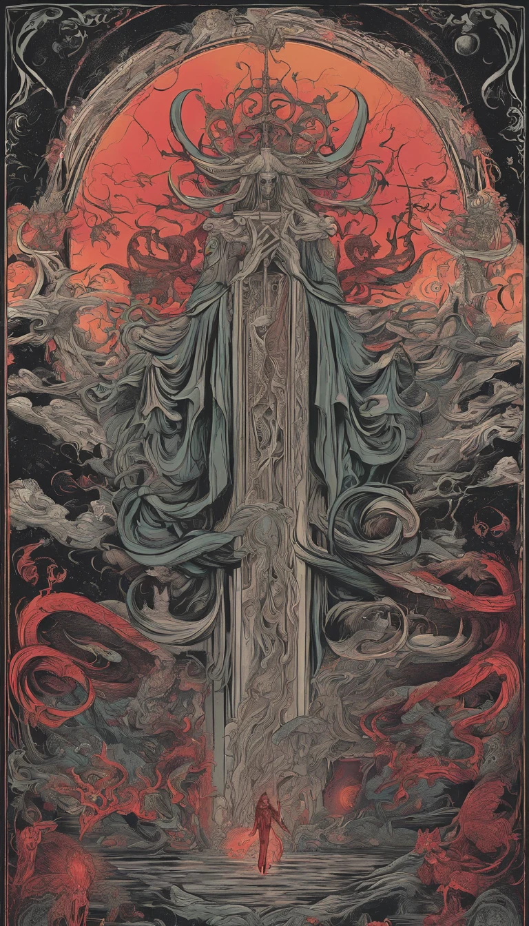 From the depths he emerges, devil,
The Cthulhu's Parade in crimson hues.
Whispers of the otherworldly echo,
A festival where madness and beauty fuse.
In the night sky adorned with abyssal splendor,
Feathers stained with blood dance and soar.
Entwined by threads of fate,
The deranged revel in ecstasy's roar.
Oh mighty Cthulhu, ruler of the depths,
In our pursuit of desires so forlorn,
We embark on a path of madness and despair,
Guided by the disciples of the one we adorn.
On the grand boulevard, grotesque forms stride,
Where terror and beauty intertwine.
In the realm betwixt dreams and nightmares,
We surrender ourselves to euphoria's shrine.
Praise his name, the great Cthulhu,
Monarch of the abyss, the wellspring of our insanity.
In this eternal procession's stage,
We celebrate the coming of the world's calamity.