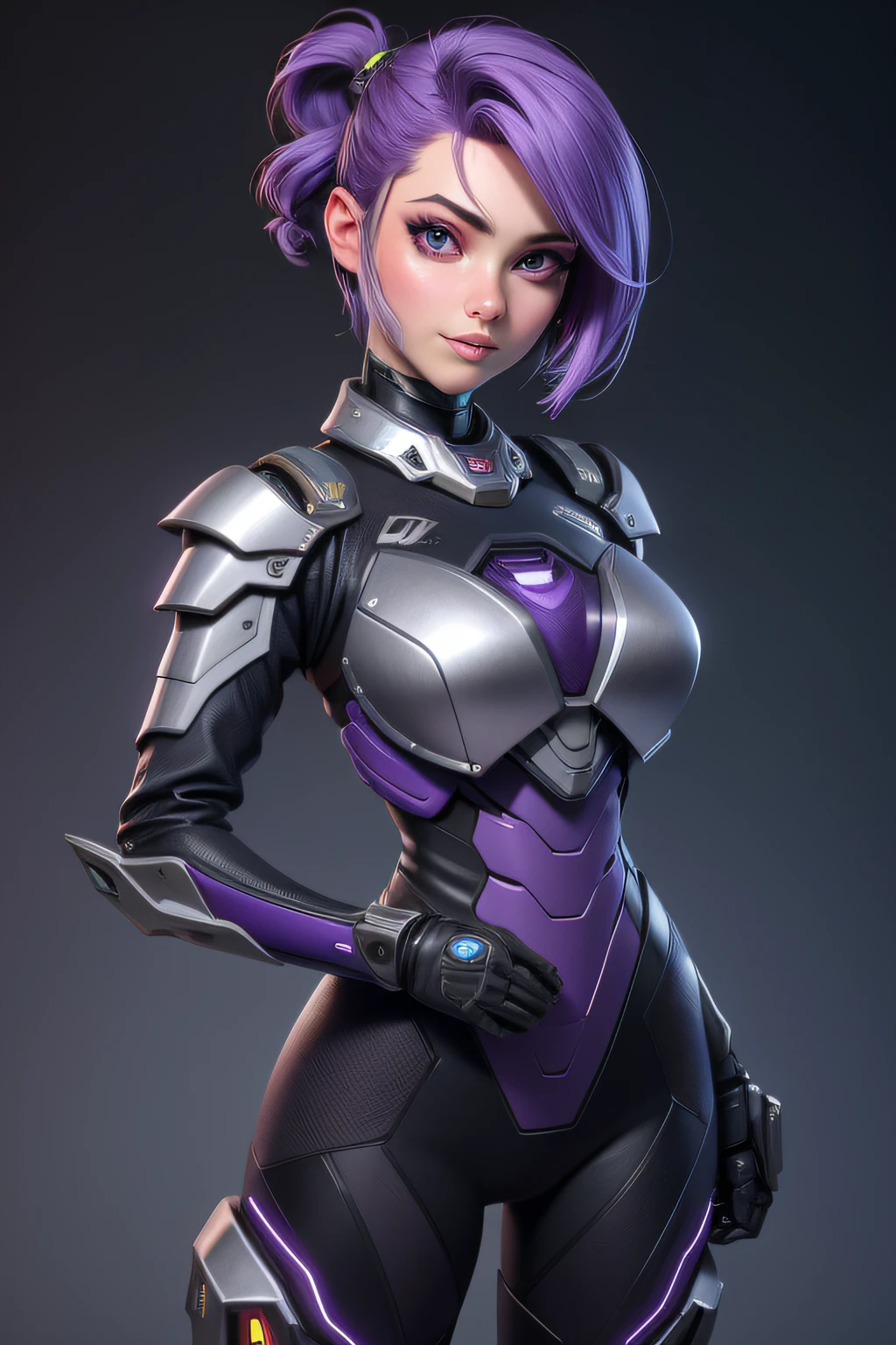 3dmm style,a portrait of a giant [seductress|babe] , science fiction, [(crNanosuit|War_Glam)::0.5], [power armor|armor] ,armored, wearing [(crNanosuit|War_Glam)::0.5]_breastplate, perfect face, pretty face, purple eyes, purple hair, very short hair, flat chest, lush detail, absurdres,