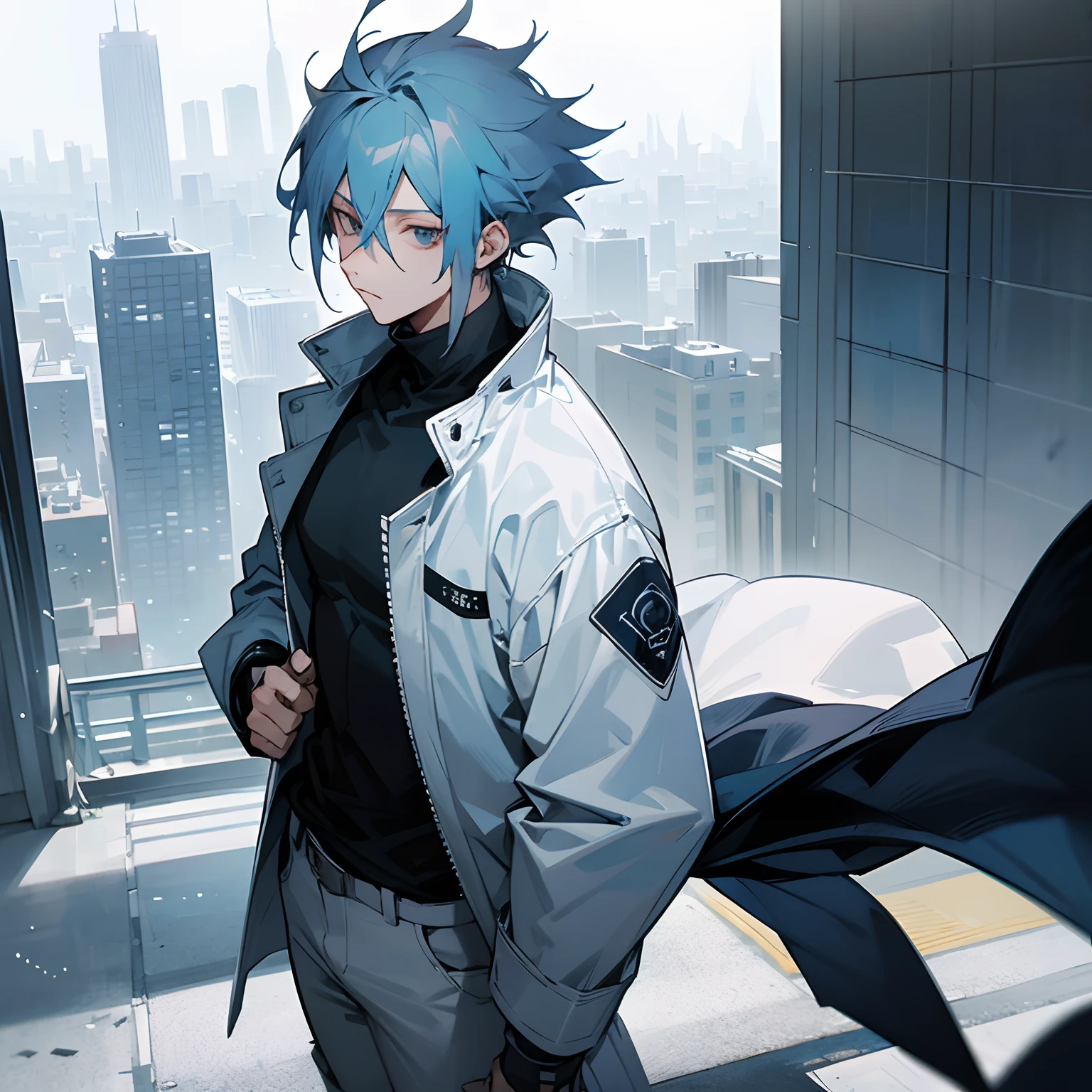 Greyish Blue hair , medium length hair , wolf cut hair, white modern turtleneck and blue jeans , Jujutsu Kaisen , Black eyes , city setting, standing, 1male , spiky hair , messy hair , white clothing , lean build