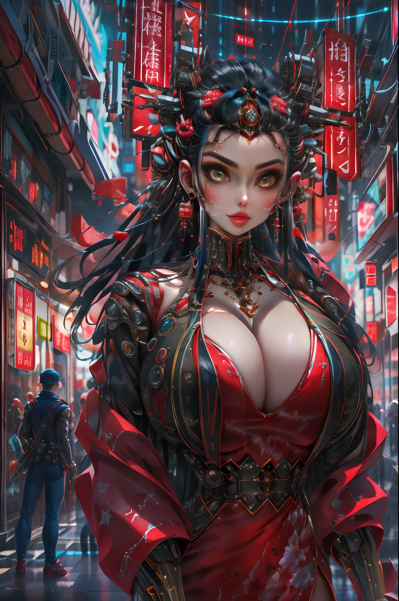 Game cover art:1.5), (masterpiece:1.2), (best quality:1.2), highest quality, absurdres, 8k wallpaper, HDR, elaborate features, beautiful intricate eyes, ray tracing, perfect face, octane render, tits,, sexy lips,
(gigantic and massive tits:1.1), breasts, official illustration, illustration, detailed face, titsnipples, butt, booty,1 girl, solo, cyberhanfu, long sleeves, chinese_clothes, in red and black, cyberpunk city, dynamic pose, Headdress, hair ornament, long hair, cyberpunk, a high-tech city, full of machinery and futuristic element, futurism, technology