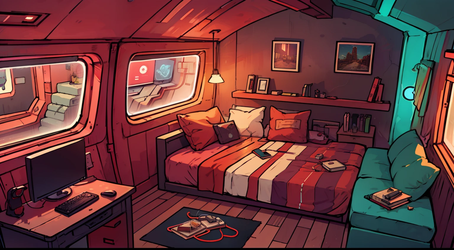 ((best qualtiy)), ((tmasterpiece)), 1girll, Gaming Bedroom, Neon light, LED lighting, hacking, Red Room