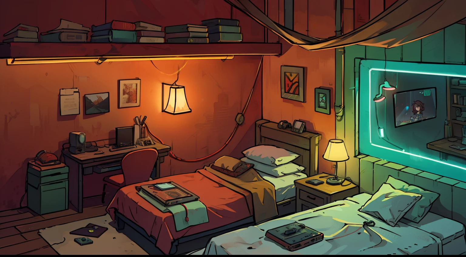 （（best qualtiy））， （（tmasterpiece））， 1girll， Gaming Bedroom， Neon light， LED lighting， hacking， Red Room