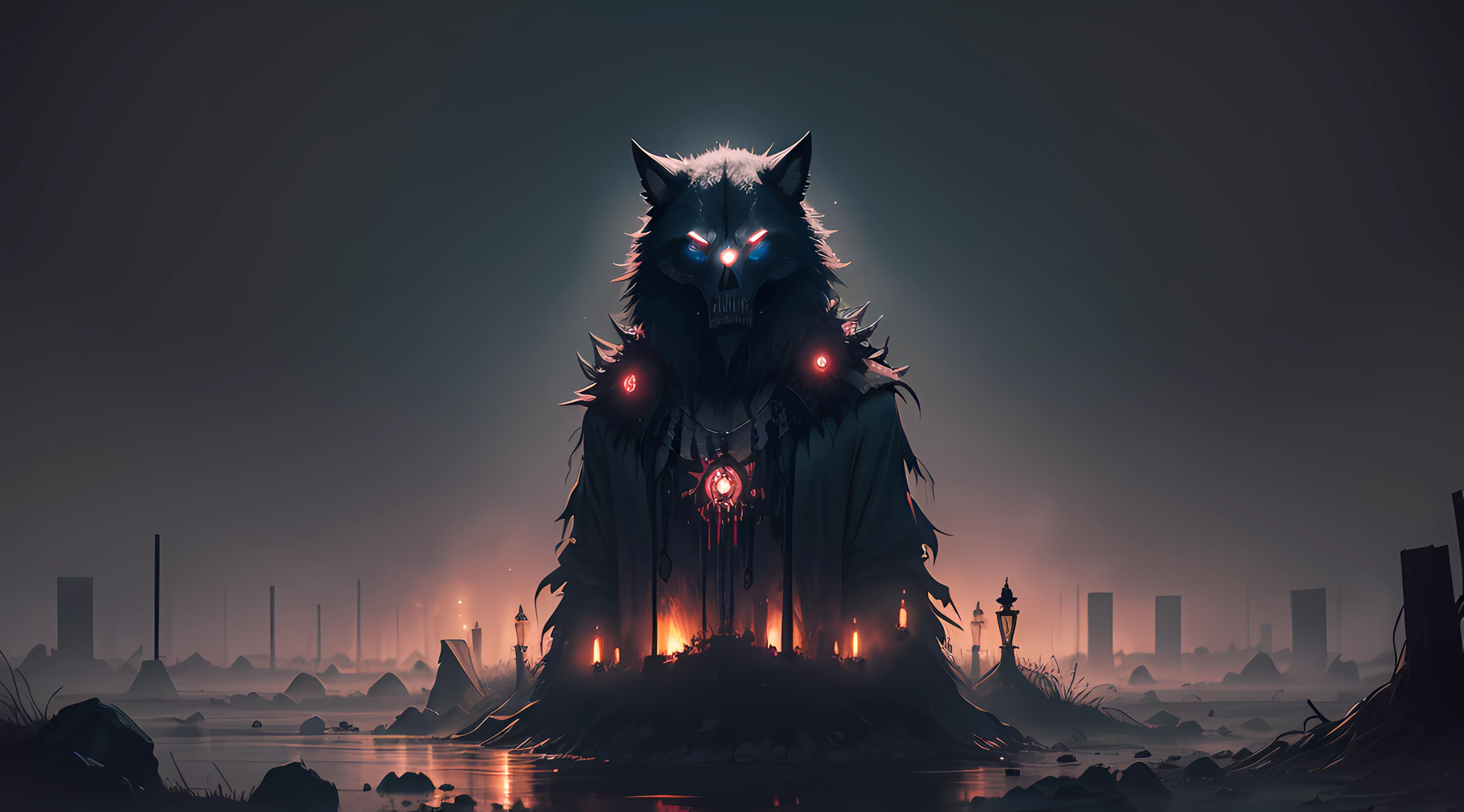 (paisaje nocturno), horror, embrujado, corpses, skulls, Imagen que representa el infierno, necronomicon, Pintura de estilo de imagen, realista, Sombras, Disco duro, alta calidad, Cinematic wolves with glowing eyes