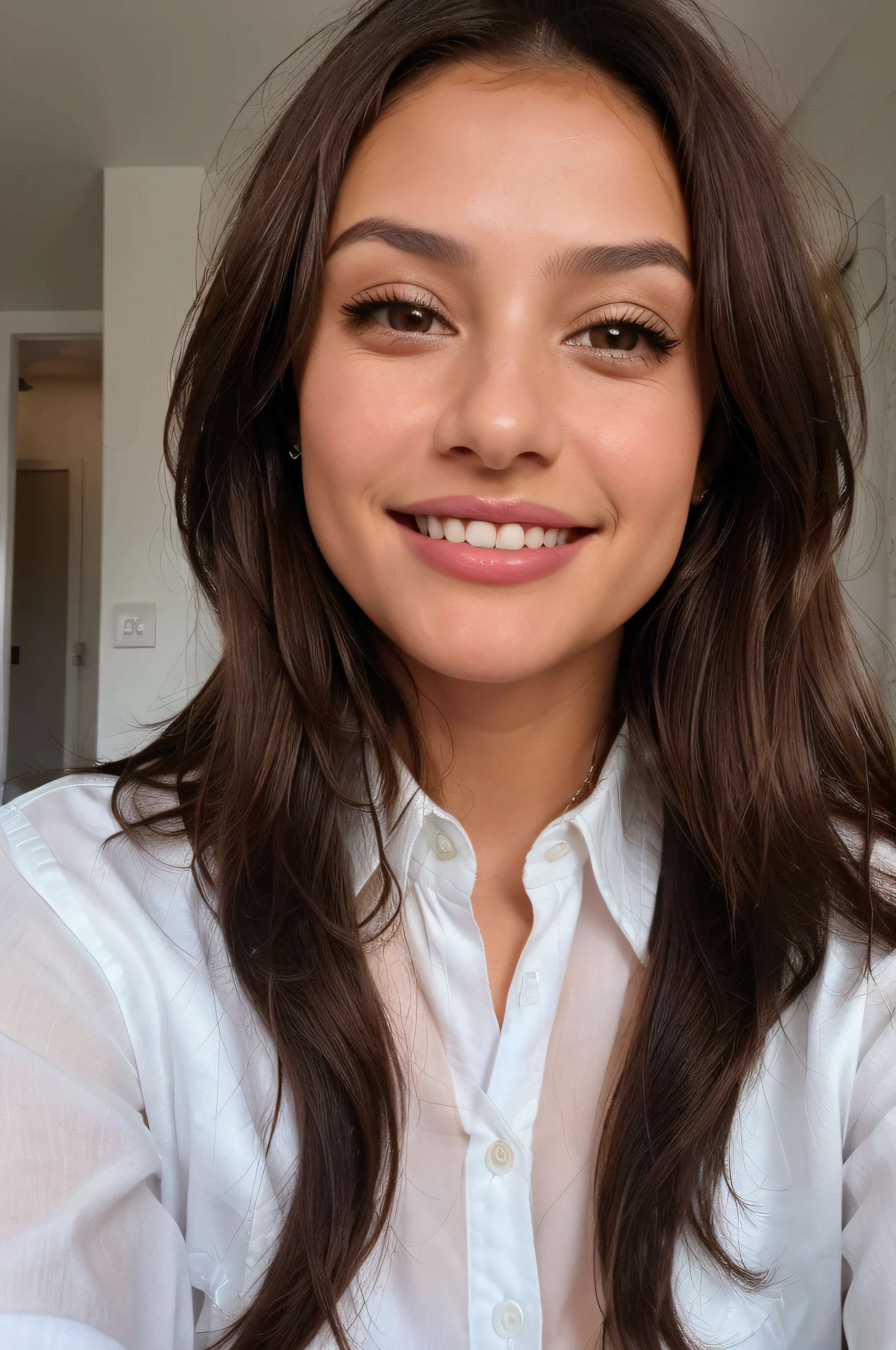 ((Best quality)), ((closeup)), (woman taking ID photo), ((round face shape)), ((brown eyes)), ((brown hair)), (latina), adult, sexy, portrait shot, wearing white collared shirt, smiling, (Close up)