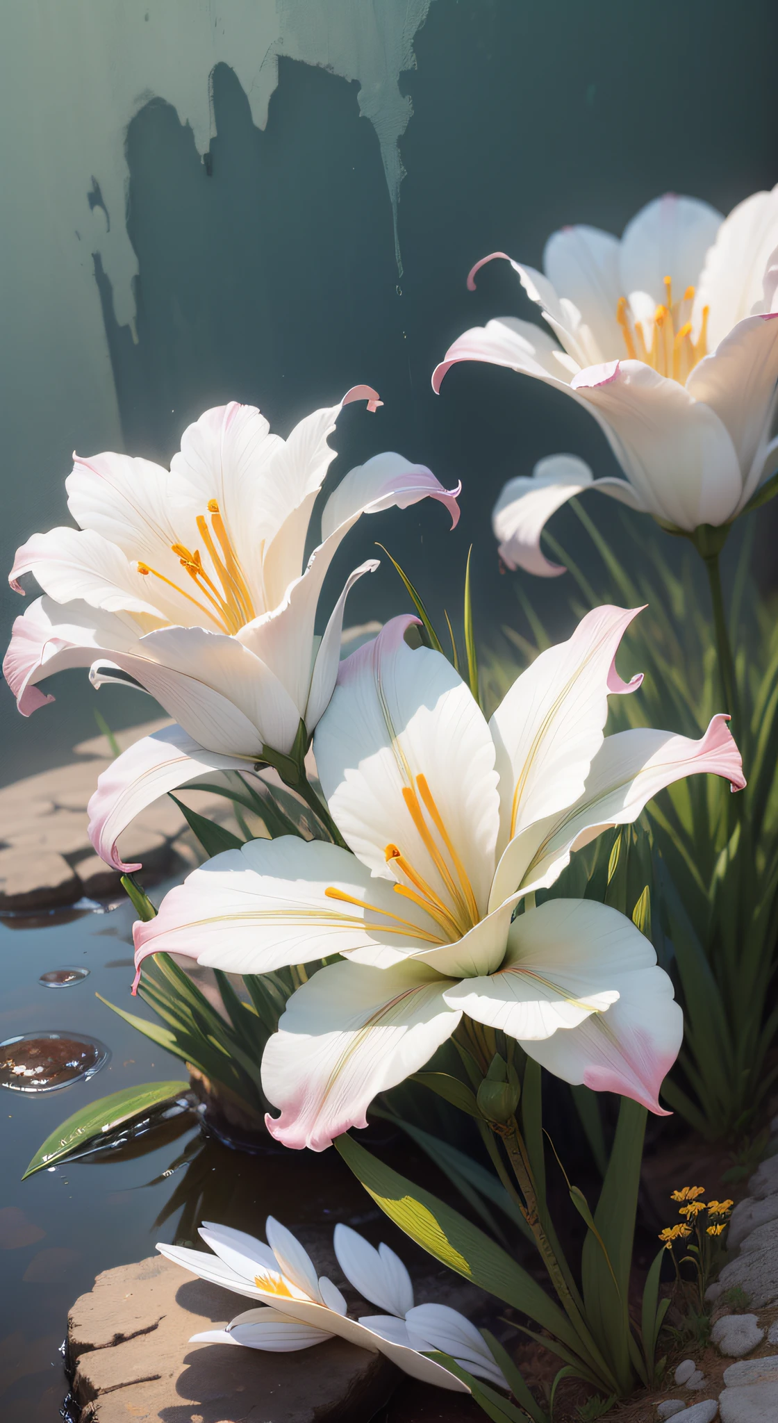 (High resolution: 1.1), Best quality, (Masterpiece: 1.2), Vivid colors, digital painting, white lilies, natural beauty, blue sky, close-up