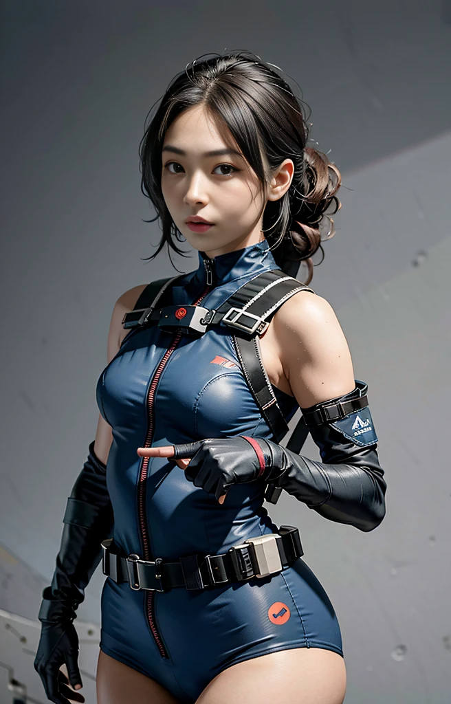 Highest image quality, outstanding details, ultra-high resolution, (realism: 1.4), ((close up:0.75)), highly condensed 1 lady, with beautiful and a delicate face, perfect proportion, aiming the viewer, ((aiming the viewer)), (chubby:0.3, small breasts), (cloths color base ratio black:0.4 white:0.5 other-color:0.1), (wearing rash-guard likes police uniform, wearing futuristic-full-face-mask, military harness, holding hich-tech-flamethrower-tank on back), background simple grey wall,