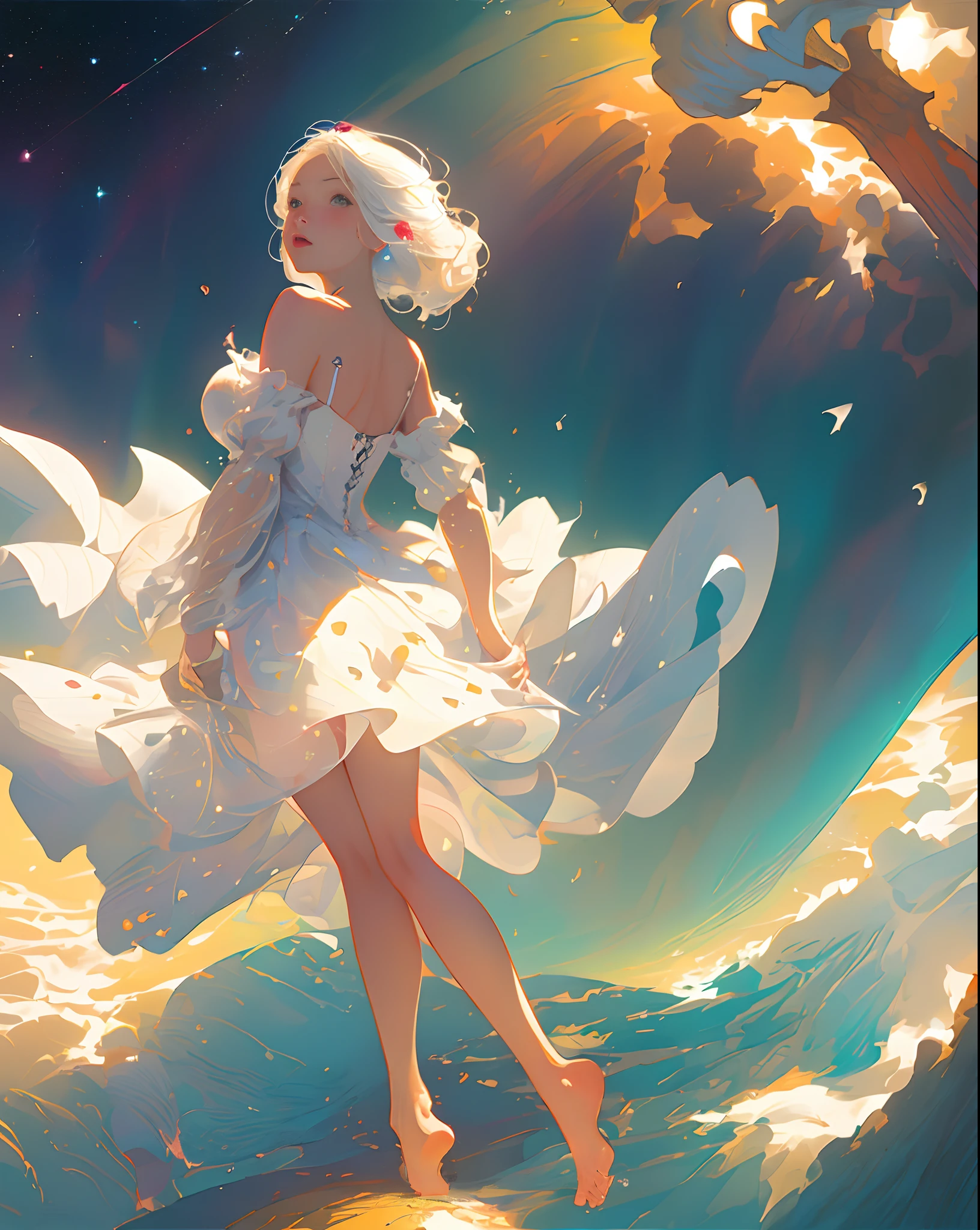 (masterpiece, best quality:1.2), (ultra detailed),(illustration), wallpaper, original,
1girl, messy white hair, spaghetti strap, white dress, bare legs, bare feet, bare arms, space, Earth background, near-earth orbit, full body,
,(surrounded by colorful splashes and dot),colorful bubble,(shining)