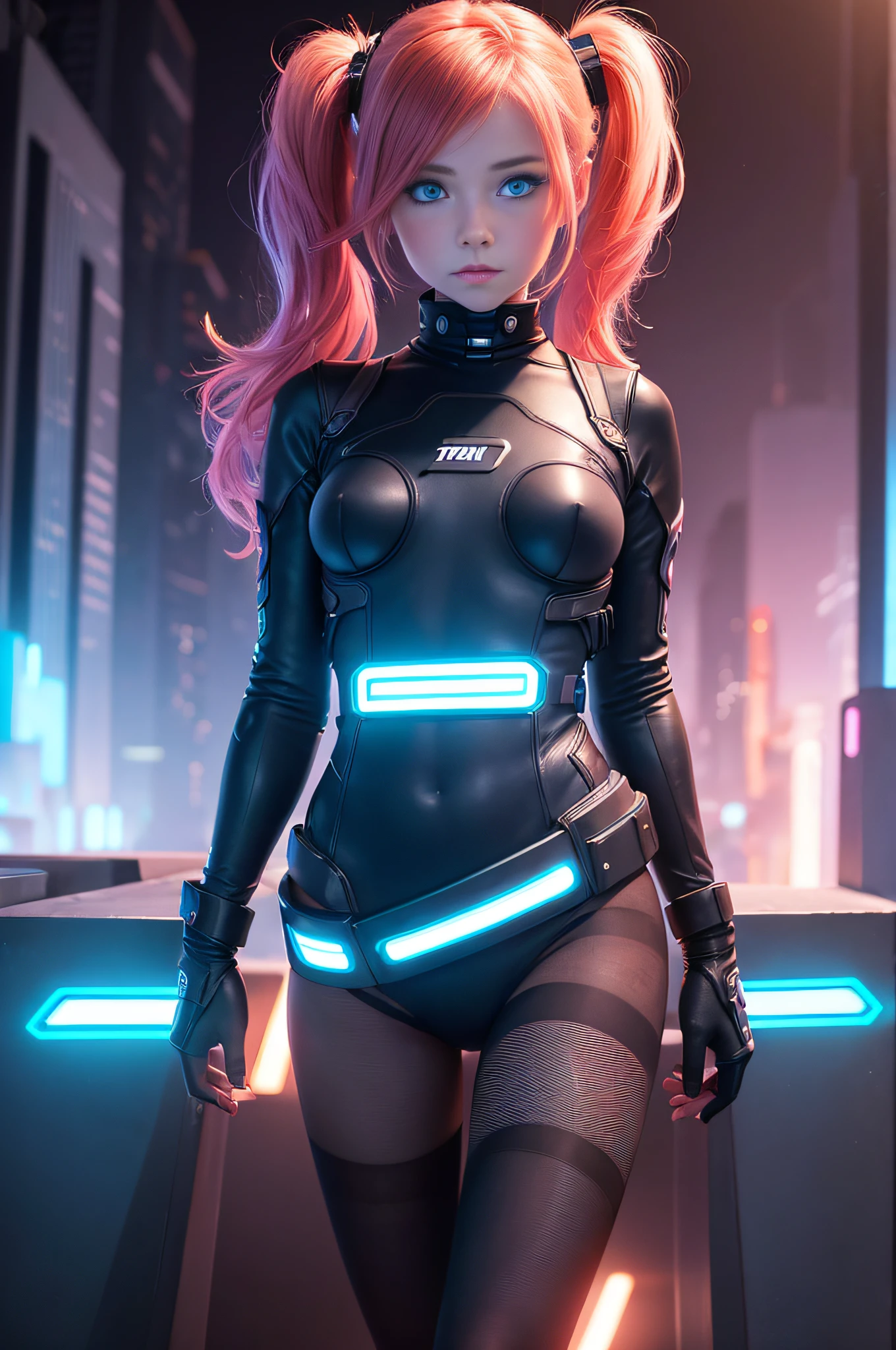 1 girl, solo, (nsfw), cute redhead 18-year-old girl in twin tails, ((perfect female body)), (cute face make up), multiple (rainbow colored hair: 1.2), (beautiful detailed blue eyes: 1.6), (photo realistic eyes: 1.6), happy, Ukrainian, (petite body), ((small hips)), pale white skin, (mini skirt and tube top), (matte pantyhose: 1.6), (("TRON LEGACY futuristic city" style background)), (night time:1.2), photo realistic.