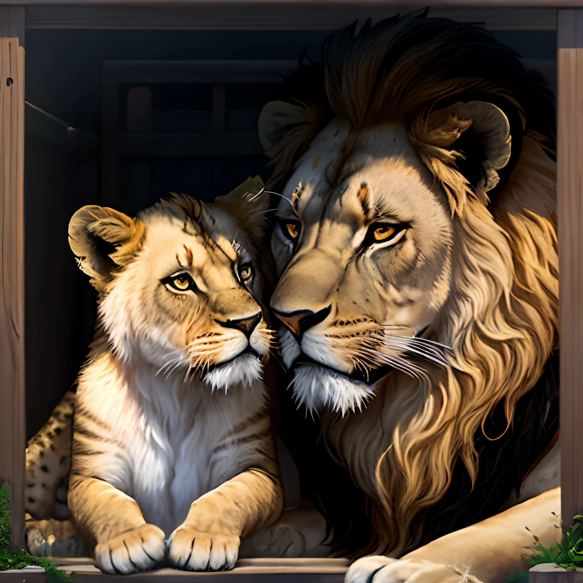 Make a lion demonstrate to the cub its shelter
