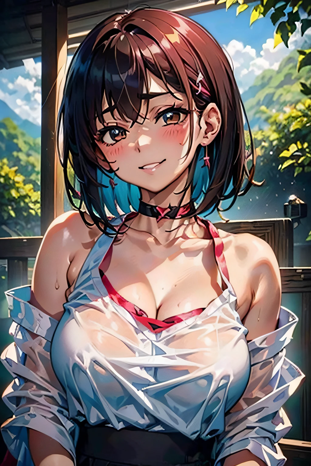 (Hot spring resorts in Japan,Soak shoulder-deep in an open-air bath,)Blushing cheeks、shyly smile、(beautiful a girl)、(short hair of red-brown color、hair pin、poneyTail、Floating hair、)Colossal tits、Blush with embarrassment、Enraptured eyes、A smile that beguiles the viewer、Look into the photographer、skin glistening with sweat、gazing at viewer、Upper body naked、,48 years old Shirtless、a necklace、piercings、pointed red mouth,Perfect round face,,Proper body proportion,Intricate details,Very delicate and beautiful hair,photos realistic,Dreamy,Professional Lighting,realistic shadow,Solo Focus,Beautiful hands,Beautiful fingers,Detailed finger features,detailed clothes features,Detailed hair features,detailed facial features,(masutepiece,top-quality,Ultra-high resolution output image,) ,(The 8k quality,),(Sea Art 2 Mode.1:1.3),,(Image Mode Ultra HD,)