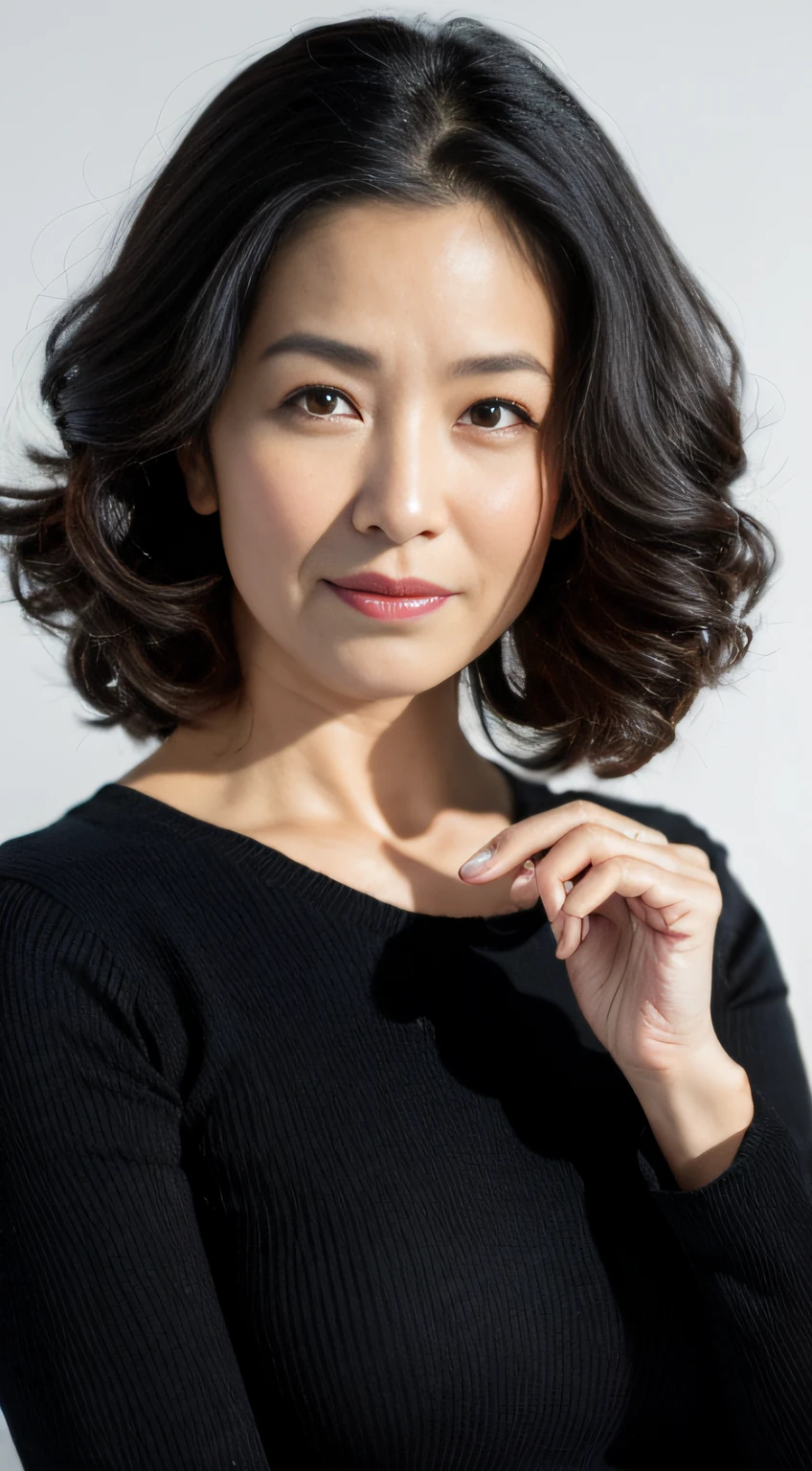 ((Best quality, 8K, Masterpiece, Portrait: 1.3)), (View viewers), Photorealism, Sharp focus, Solo, The Moro Islamic Liberation Front of Japan, Beauty,Wavy hair, Wrinkles at the corners of the eyes, to emphasize,((full bodyesbian)),Big breasts:1.3,,30 years old, curlies, Wrinkled eyes, Elegant black shirt,