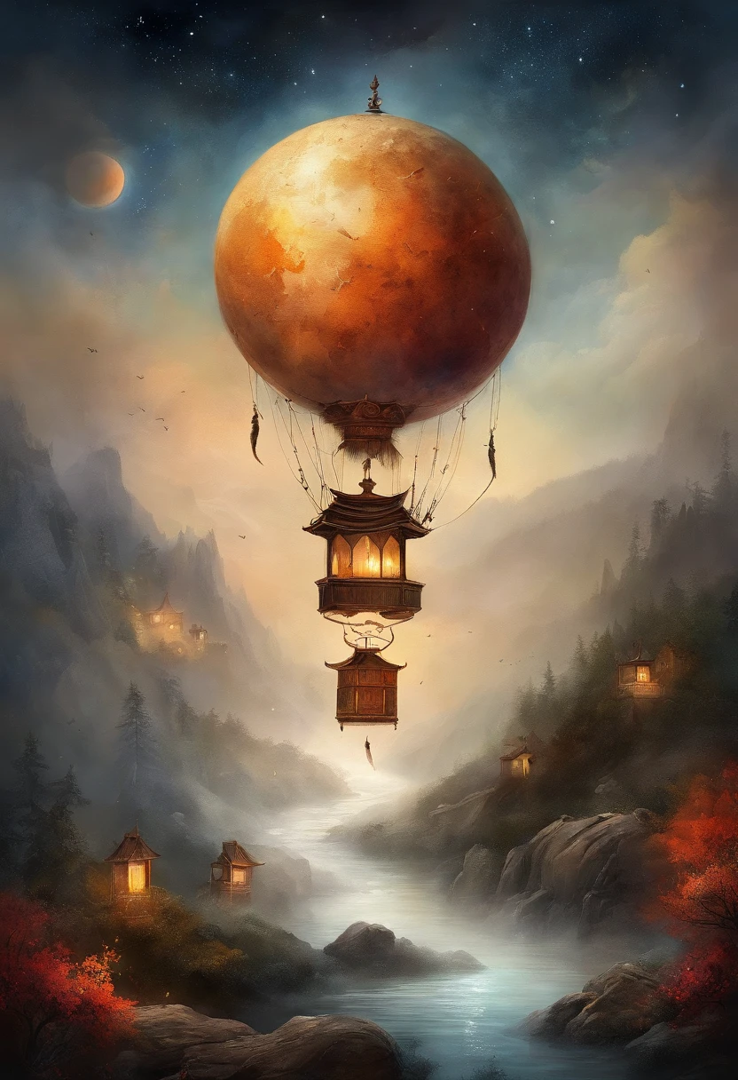 Round moon,High mountains and flowing water,Kongming Lantern,starrysky,reunion,The fireworks are very magical and dreamy,Magical and mysterious,Masterpiece,Top quality,cinematic Film still from,8k,rendering,Cinematic texture,Ray traching,NOhumans,tmasterpiece,A high resolution,