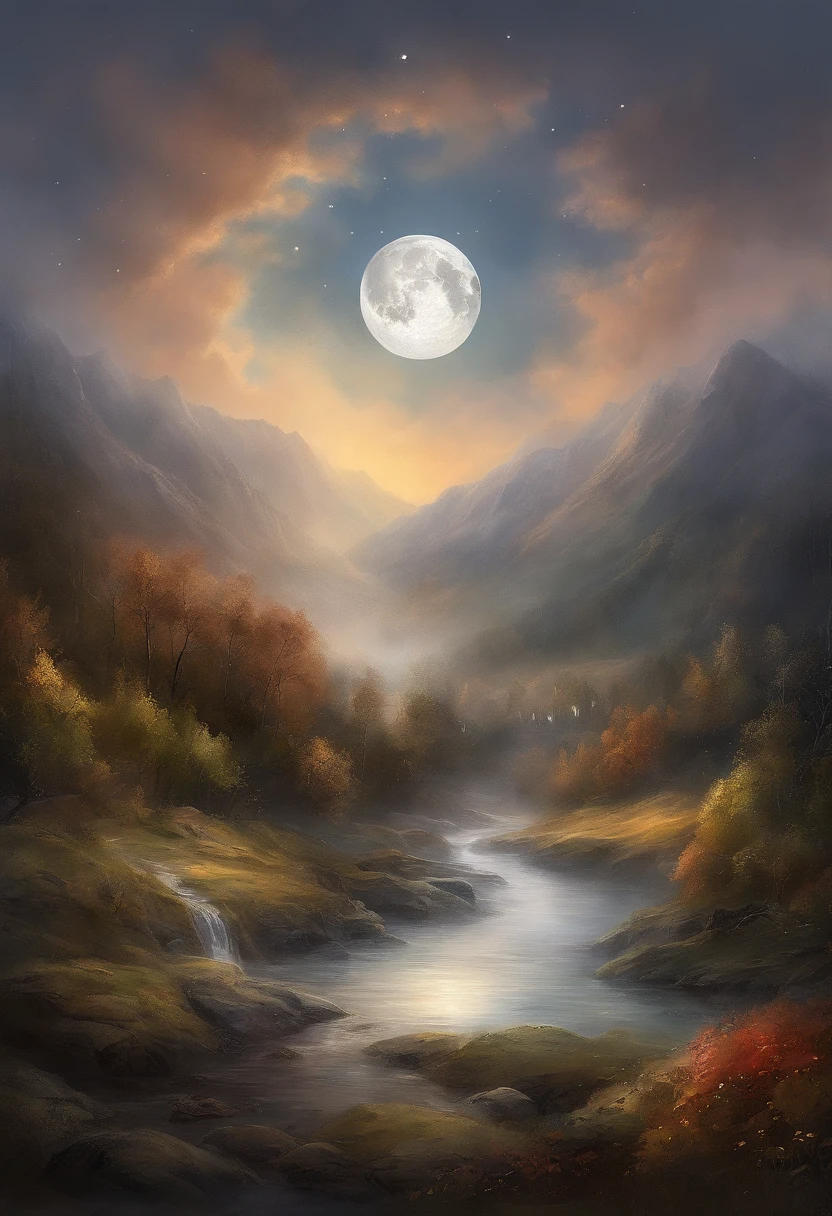 Round moon,High mountains and flowing water,Kongming Lantern,starrysky,reunion,The fireworks are very magical and dreamy,Magical and mysterious,Masterpiece,Top quality,cinematic Film still from,8k,rendering,Cinematic texture,Ray traching,NOhumans,tmasterpiece,A high resolution,