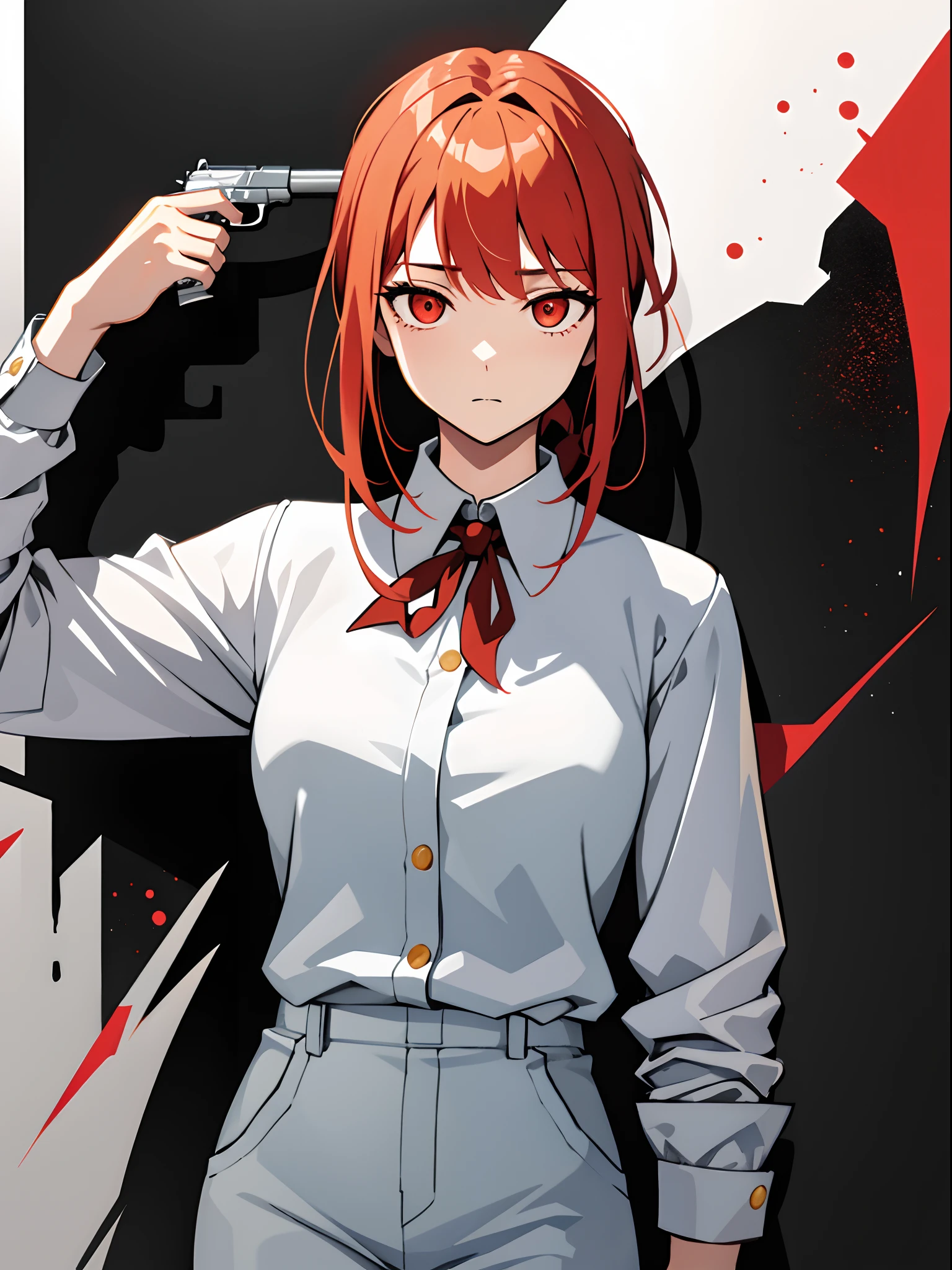 masterpiece, best quality, handgun, gun to head, holding gun, upper body, 1girl, solo, dead inside, blank expression, expressionless, empty eyes, no expression, apathetic, red eyes, wedge updo and hair intakes, yellow hair, tasuki, short jumpsuit, bandeau,