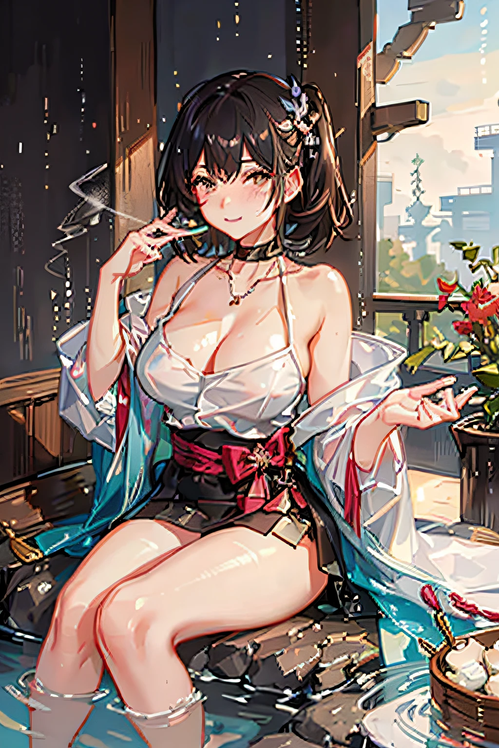 Hot spring resorts in Japan,(Hot water smoke to prevent visibility,Steaming steam,water vapour:1.3),(Rock bath open-air bath:1.3),(Take a deep shoulder soak in the open-air bath:1,3),Blushing cheeks、shyly smile、(beautiful a girl)、(short hair of red-brown color、hair pin、poneyTail、Floating hair、)Colossal tits、Blush with embarrassment、Enraptured eyes、A smile that beguiles the viewer、Look into the photographer、skin glistening with sweat、gazing at viewer、Upper body naked、,48 years old Shirtless、a necklace、piercings、pointed red mouth,Perfect round face,,Proper body proportion,Intricate details,Very delicate and beautiful hair,photos realistic,Dreamy,Professional Lighting,realistic shadow,Solo Focus,Beautiful hands,Beautiful fingers,Detailed finger features,detailed clothes features,Detailed hair features,detailed facial features,(masutepiece,top-quality,Ultra-high resolution output image,) ,(The 8k quality,),(Image Mode Ultra HD,)