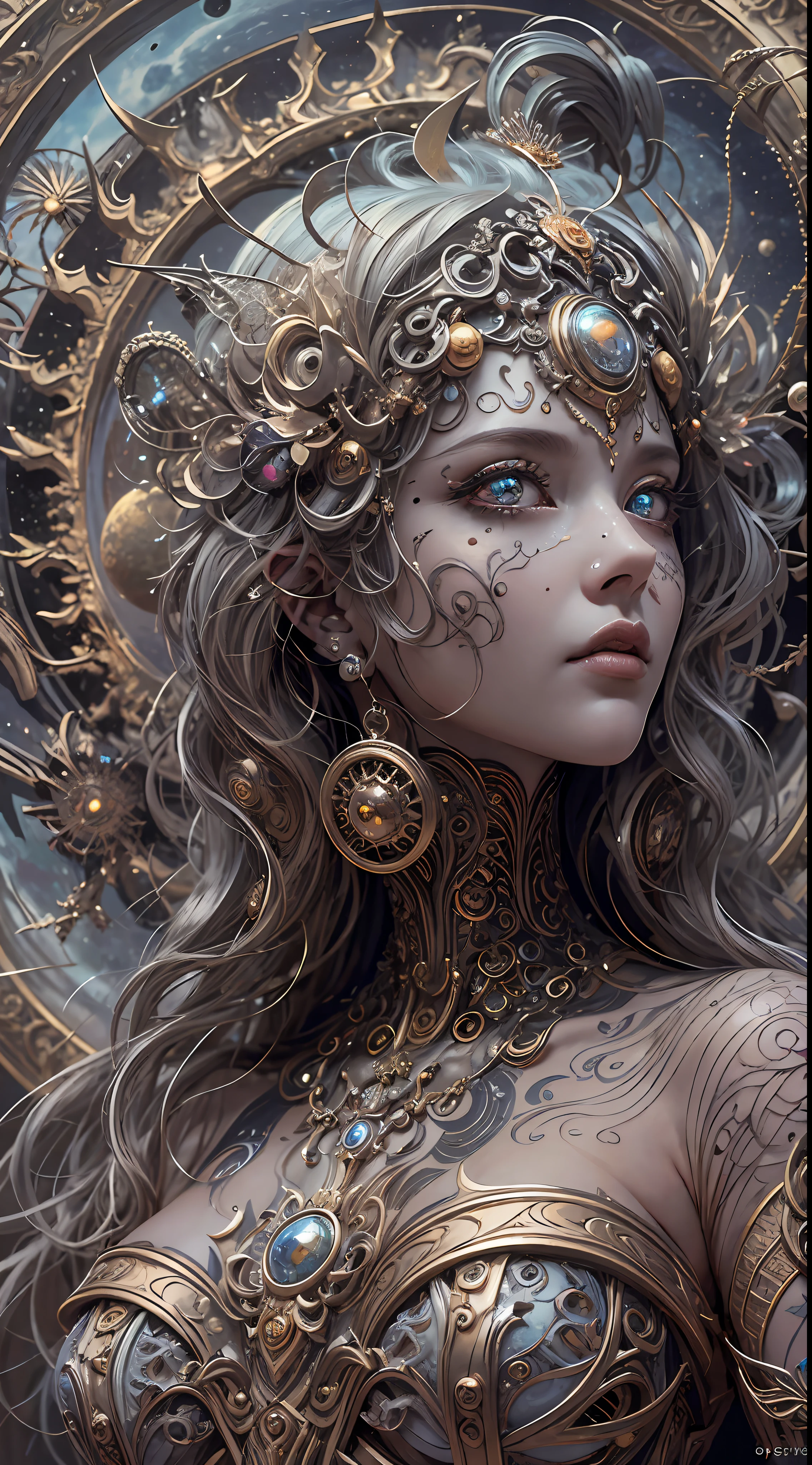 （best qualtiy，ultra - detailed，Most Best Illustration，Best shadow，tmasterpiece，A high resolution，professionalartwork，famousartwork），Detailed eyes，beautidful eyes，closeup cleavage，sci-fy，colored sclera，Robot eyes，face markings，Tattooed with，（fractalized，Fractal eyes），largeeyes，Wide eyes，（Eye focus），sface focus，Cosmic eyes，Space eyes，Close-up of metal sculpture of a woman with a moon in her hair，goddes。extremly high detail，3 d goddess portrait，Extremely detailed footage of the goddess，a stunning portrait of a goddess，Side image of the goddess，portrait of a beautiful goddess，Full body close-up portrait of the goddess，hecate goddess，portrait of a norse moon goddess，goddess of space and time