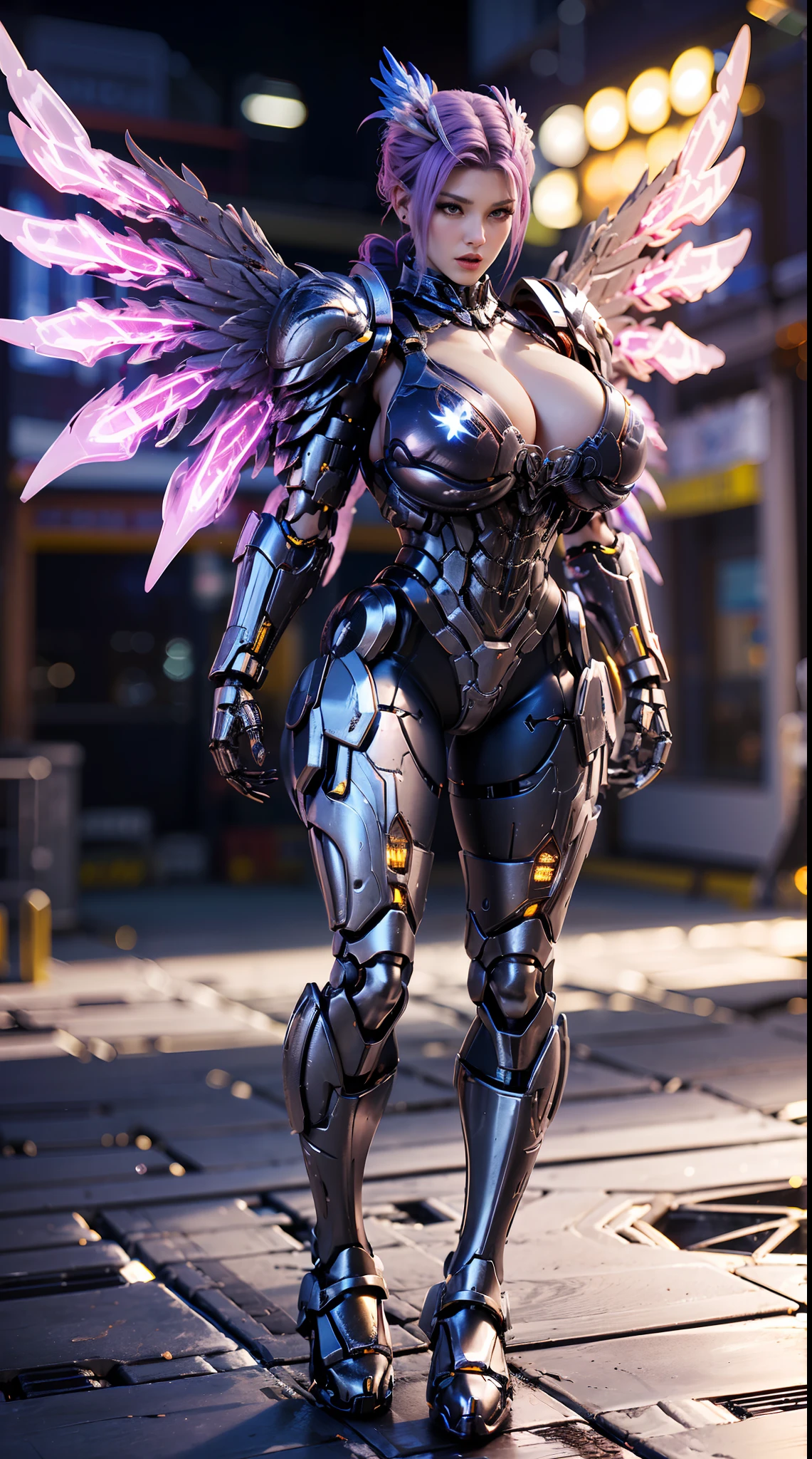 HUGE FAKE BOOBS, PONYTAIL, (BLUE, BLACK), MECHA DRAGON ARMOR, FUTURISTIC MECHA SUIT, (CLEAVAGE), ((LARGEST MECHANICAL PHOENIX WINGS)), (TALL LEGS), (STANDING), SEXY BODY, MUSCLE ABS, UHD, 8K, 1080P.