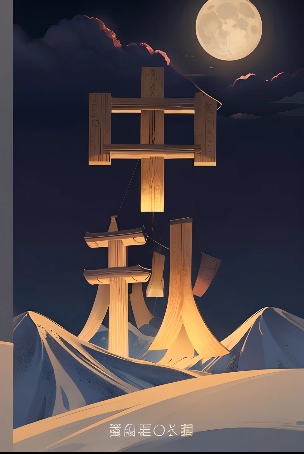 A night landscape under a full moon，Classical Chinese style，National wind landscape，Mountain night，Ancient landscapes，tmasterpiece，high-definition picture quality，8K