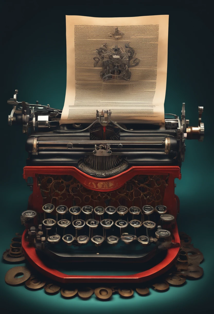 In a bizarre & grotesque style, create an unsettling masterpiece of a typewriter that exudes creativity. Distorted keys and twisted gears give birth to twisted tales.