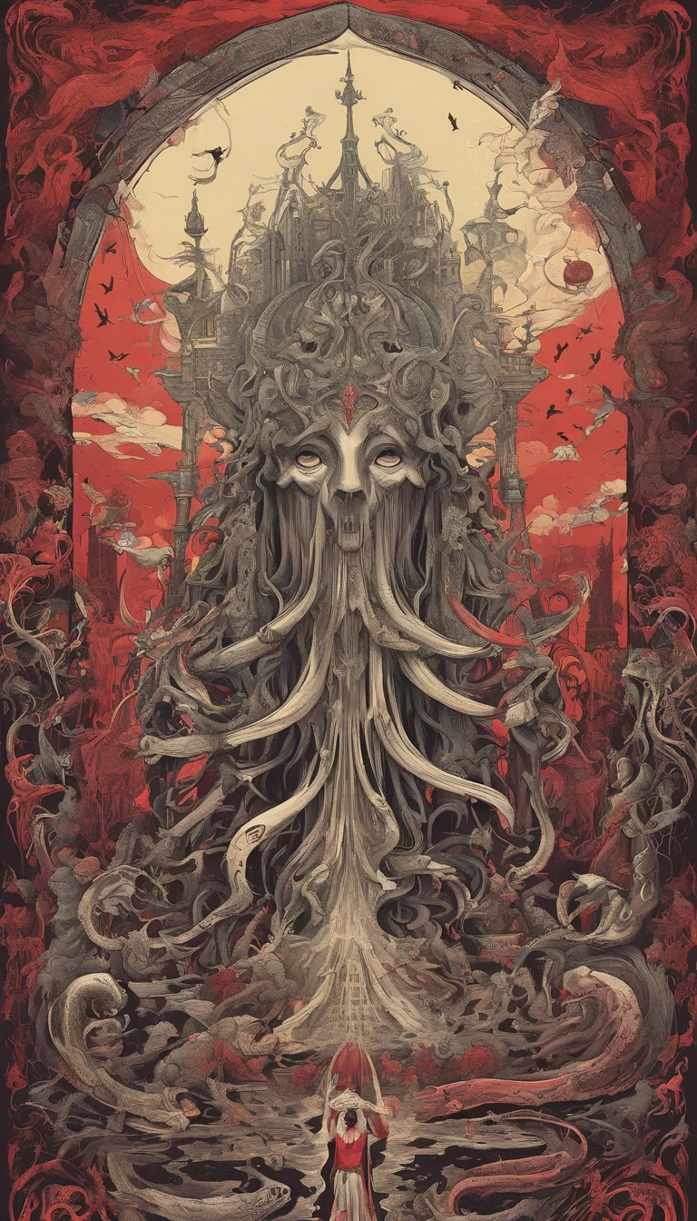 From the depths he emerges, devil,
The Cthulhu's Parade in crimson hues.
Whispers of the otherworldly echo,
A festival where madness and beauty fuse.
In the night sky adorned with abyssal splendor,
Feathers stained with blood dance and soar.
Entwined by threads of fate,
The deranged revel in ecstasy's roar.
Oh mighty Cthulhu, ruler of the depths,
In our pursuit of desires so forlorn,
We embark on a path of madness and despair,
Guided by the disciples of the one we adorn.
On the grand boulevard, grotesque forms stride,
Where terror and beauty intertwine.
In the realm betwixt dreams and nightmares,
We surrender ourselves to euphoria's shrine.
Praise his name, the great Cthulhu,
Monarch of the abyss, the wellspring of our insanity.
In this eternal procession's stage,
We celebrate the coming of the world's calamity.