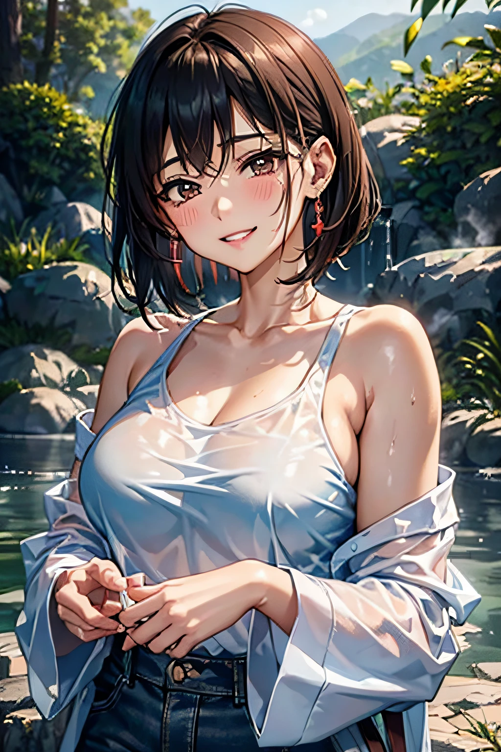 1girl, breasts, moon, lantern, night, solo, large breasts, hair ornament, wet, naked, wading, water, hair flower, flower, outdoors, sky, full moon, rain, black hair, off shoulder, mountain, cloud, holding, bare shoulders, paper lantern, standing, night sky, sideboob, obi, wet pussy, bangs, tree, from side, reflection, short hair, cloudy sky, wet hair (((masterpiece),(extremely detailed CG unity 8k wallpaper),best quality,,solo,1girl,cinematic lighting,detailed background,beautiful detailed eyes,bright pupils, (an extremely delicate and beautiful),(Beautiful and detailed eye description)， ultra-detailed,masterpiece,)),