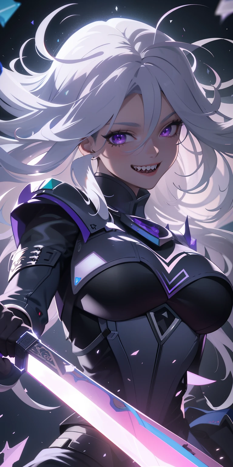 masterpiece, best quality, ultra-detailed, best shadow), (detailed background,dark fantasy), (beautiful detailed face), high contrast, (best illumination, an extremely delicate and beautiful), ((cinematic light)), colorful, hyper detail, dramatic light, intricate details, (1girl, solo,white hair, sharp face,purple eyes, hair between eyes,dynamic angle), swirling black light around the character, depth of field,black light particles,(broken glass), superhero , full body, holding magical sword, woman, happy, smile, look in front, tall, wearing boots, attractive, detailed clothing, woman, adult, sexy, sharp teeth, laughing, looking smart,