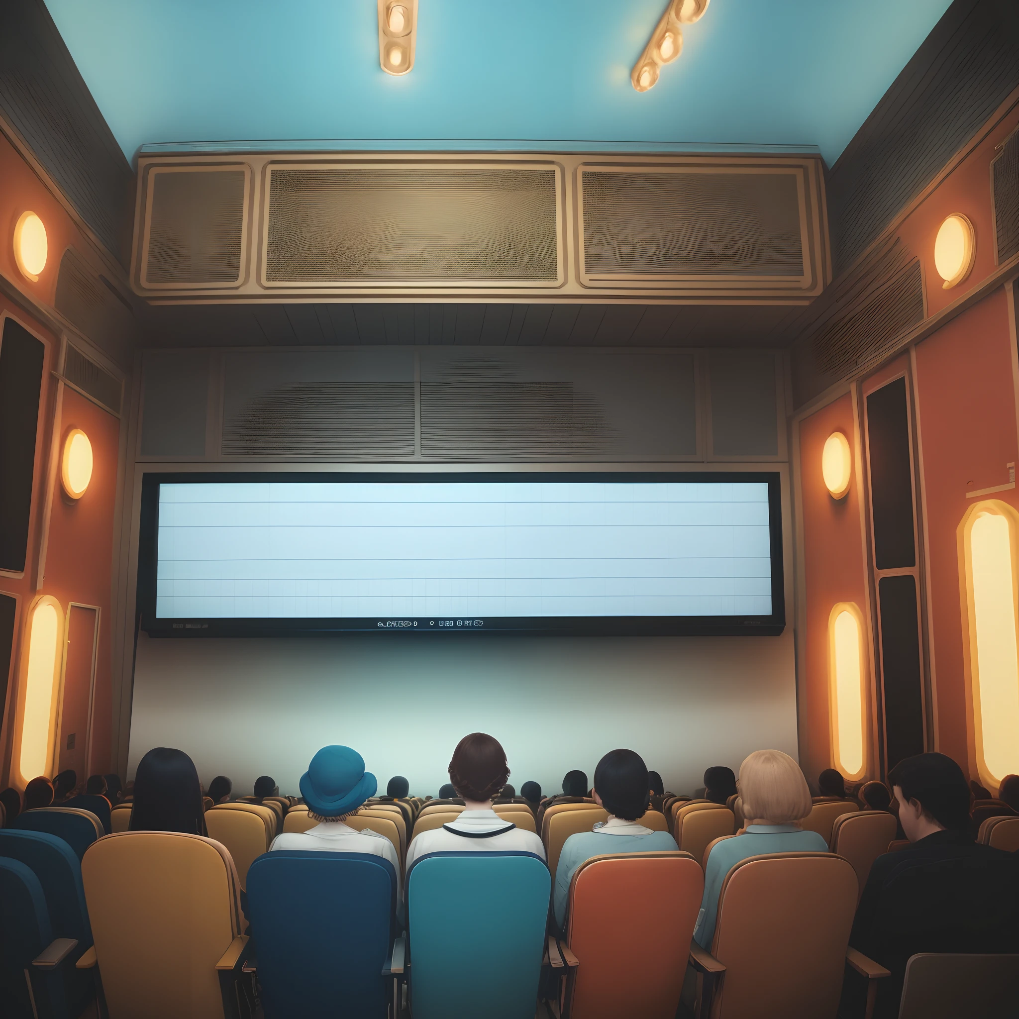 in a vintage cinema hall, fashion agfachrome, by luigi ghirri, analogous colours, performance, oversized objects, uncanny juxtaposition, waning light, blue hour